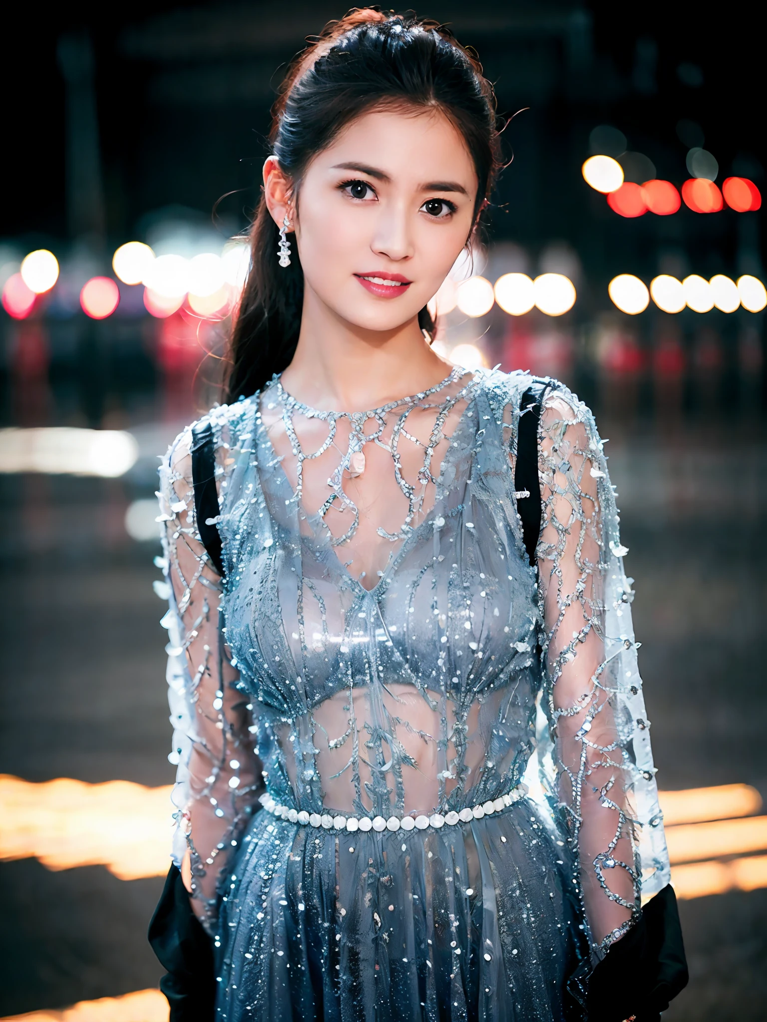 1girl,(wearing a blue modest dress:1.3), long sleeves,(RAW photo, best quality), (realistic, photo-realistic:1.4), masterpiece, an extremely delicate and beautiful, extremely detailed, 2k wallpaper, Amazing, finely detail, extremely detailed CG unity 8k wallpaper, ultra-detailed, highres, soft light, beautiful detailed girl, extremely detailed eyes and face, beautiful detailed nose, beautiful detailed eyes,cinematic lighting,city lights at night,perfect anatomy,slender body,smiling