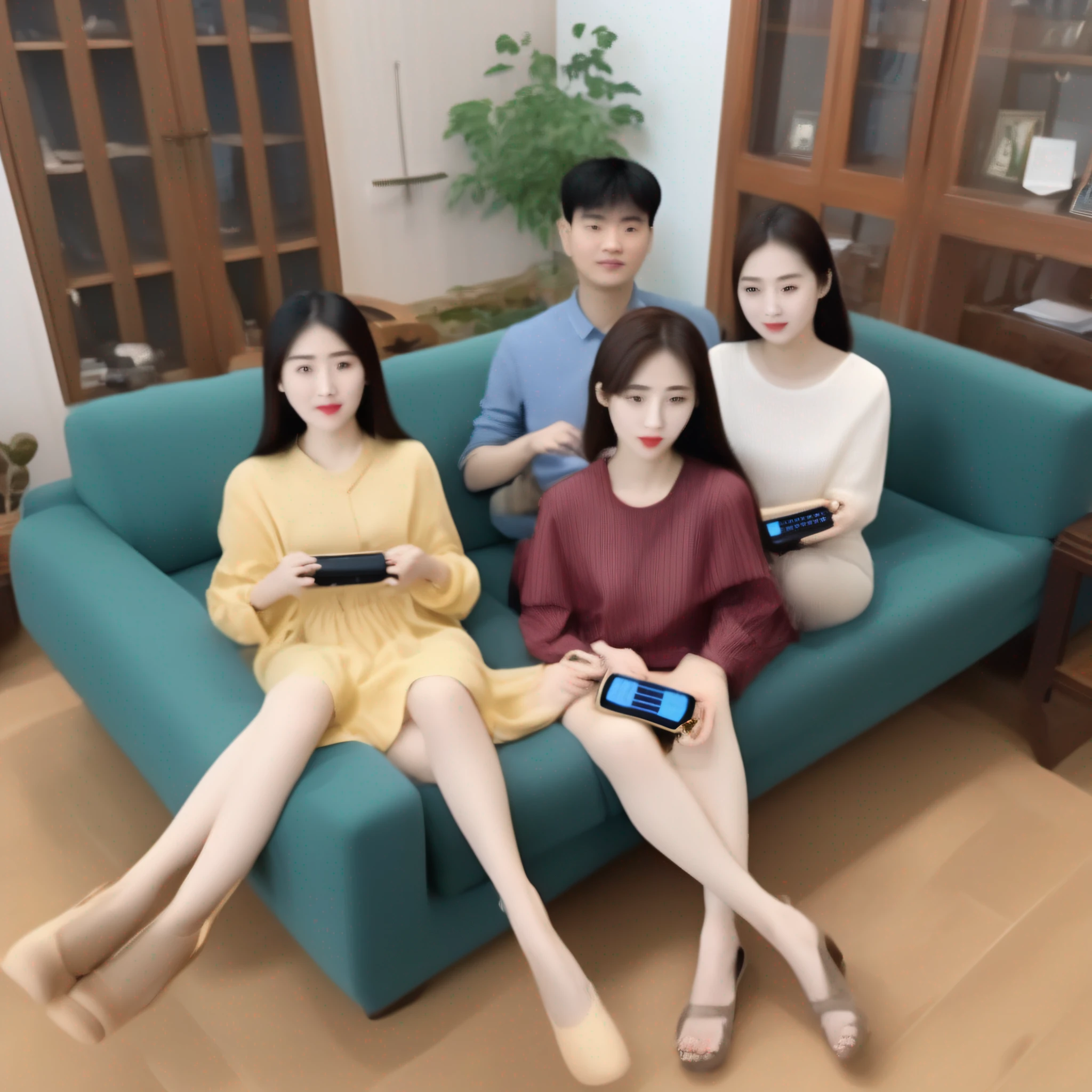 there is a woman sitting on a couch with a remote control, xintong chen, 2 9 years old, 2 8 years old, 3 0 years old woman, 30 years old woman, 2 7 years old, zeng fanzh, 3 2 years old, 38 years old, xue han, wenfei ye, author li zhang, chinese woman