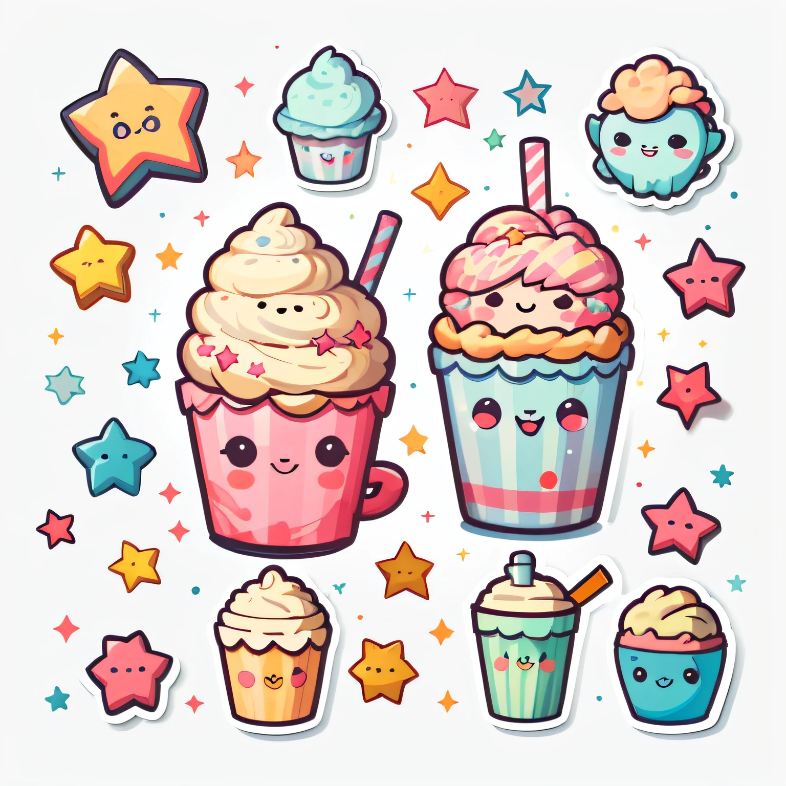 1 sticker, sticker, (cute, milkshake), stars, white background, no background, simple background, minimal, cute, tiny, pastel color, vector style, no gradient,