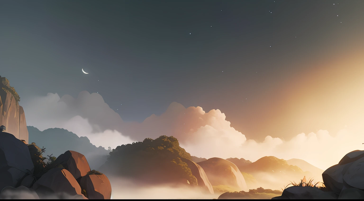 there is a man standing on a rock looking at the moon, background artwork, concept art wallpaper 4k, dreamy matte painting, detailed scenery —width 672, anime landscape wallpaper, landscape wallpaper, dreamy landscape, beautiful render of a landscape, 4 k hd illustrative wallpaper, ross tran. scenic background, 4k hd matte digital painting