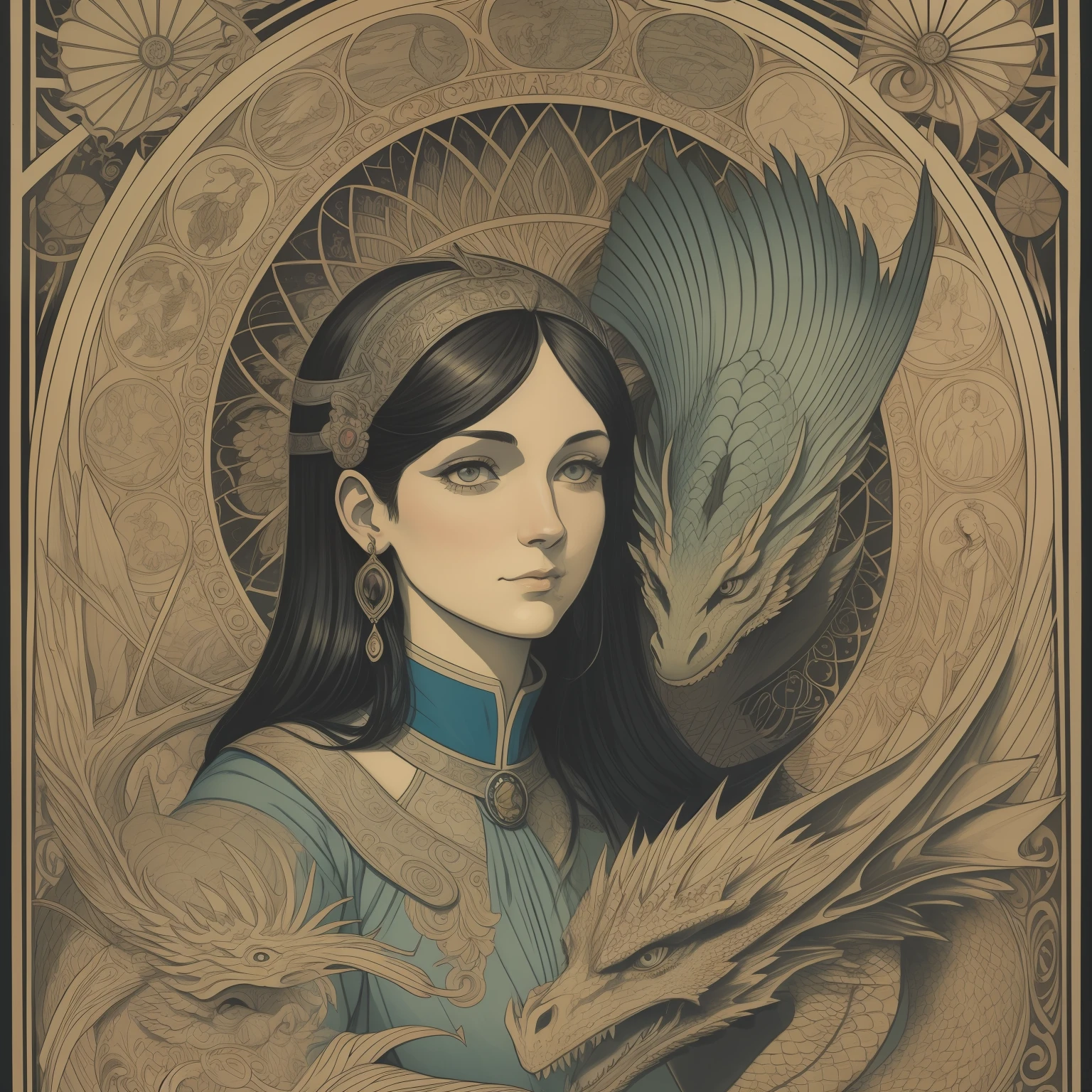 arafed drawing of a woman and a dragon with a man in the background, a woodcut by Bjørn Wiinblad, tumblr, art brut, adolf wölfli and donato giancola, haeckel and alasdair gray, concept art of love, cover illustration, illustration in pen an ink, art nouveau ink illustration
