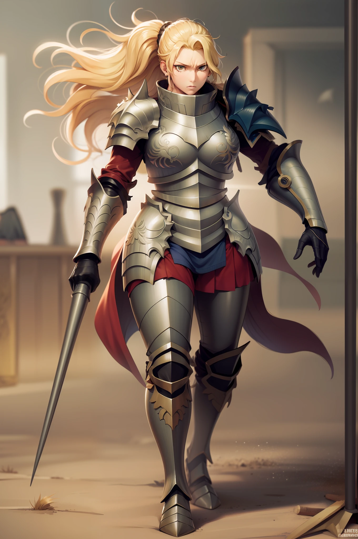 full armor, knight, vest, walking, full body,blond hair, pony tail,, huge breast, tall