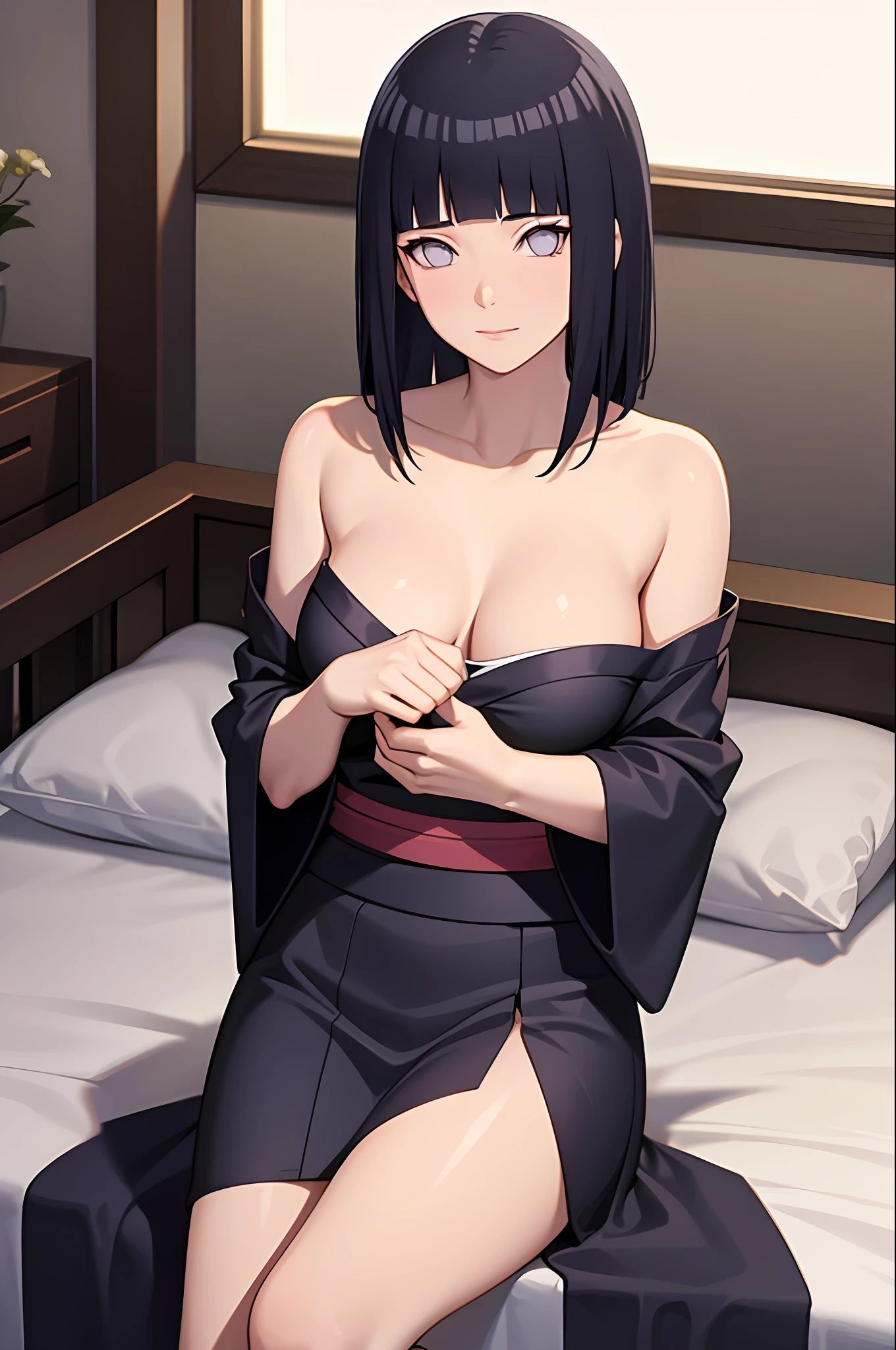 masterpiece, best quality, hinata/(boruto/), long hair, medium breast, short kimono, slim legs