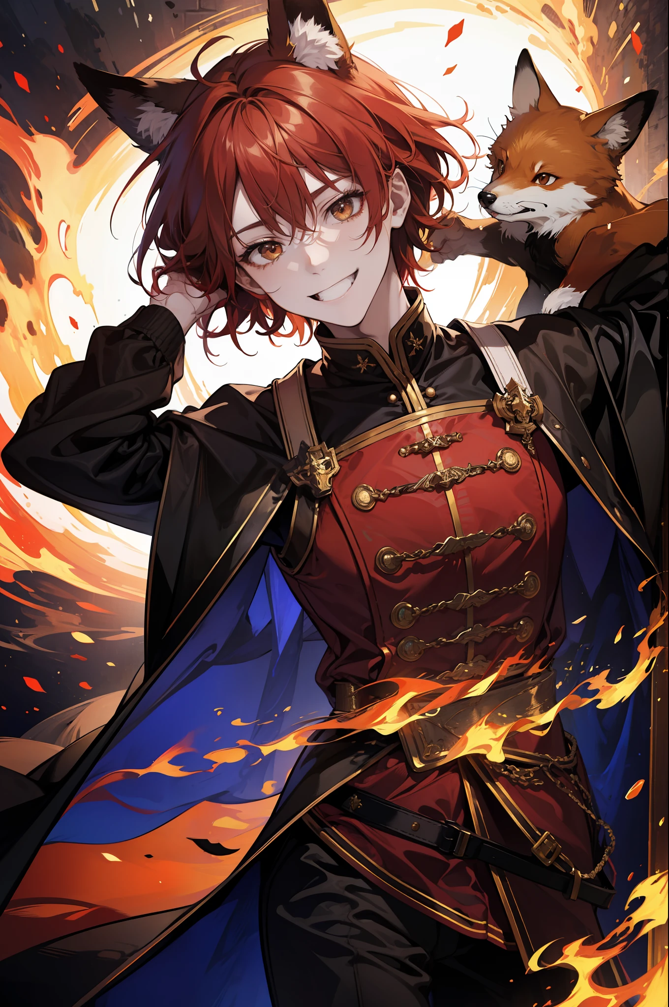 (absurdres, highres, ultra detailed), 1 male, adult, red color hair, brown skin, (dutch angle), burning,  fire, magic praticles, explosions, smiling, fox ears