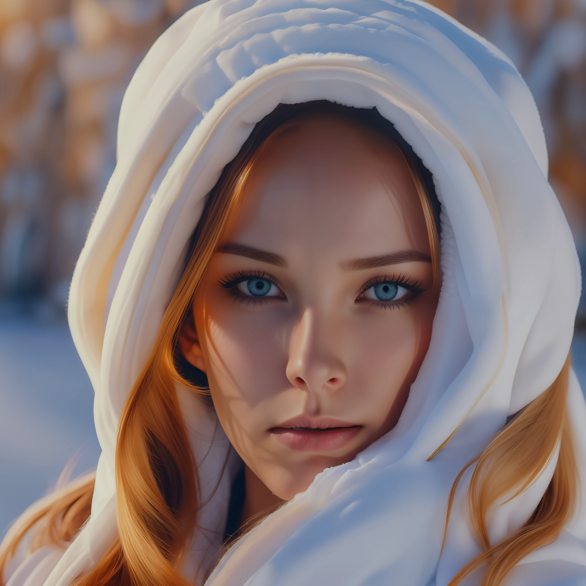Create a realistic photo of a face of a beautiful woman and at the same time a penetrating and cold look with