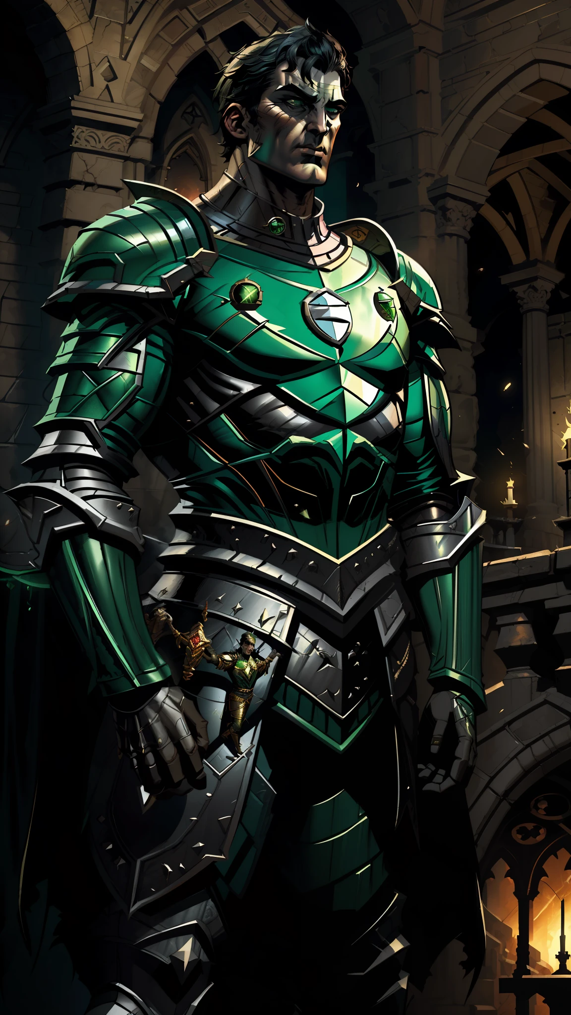 Victorian cathedral, green lantern (DC comics) wearing black medieval armor, male face, serious face, black hair, fanciful art, art style of greg rutkowski, Dark fantasy, green lantern, unreal engine 5, 8k.