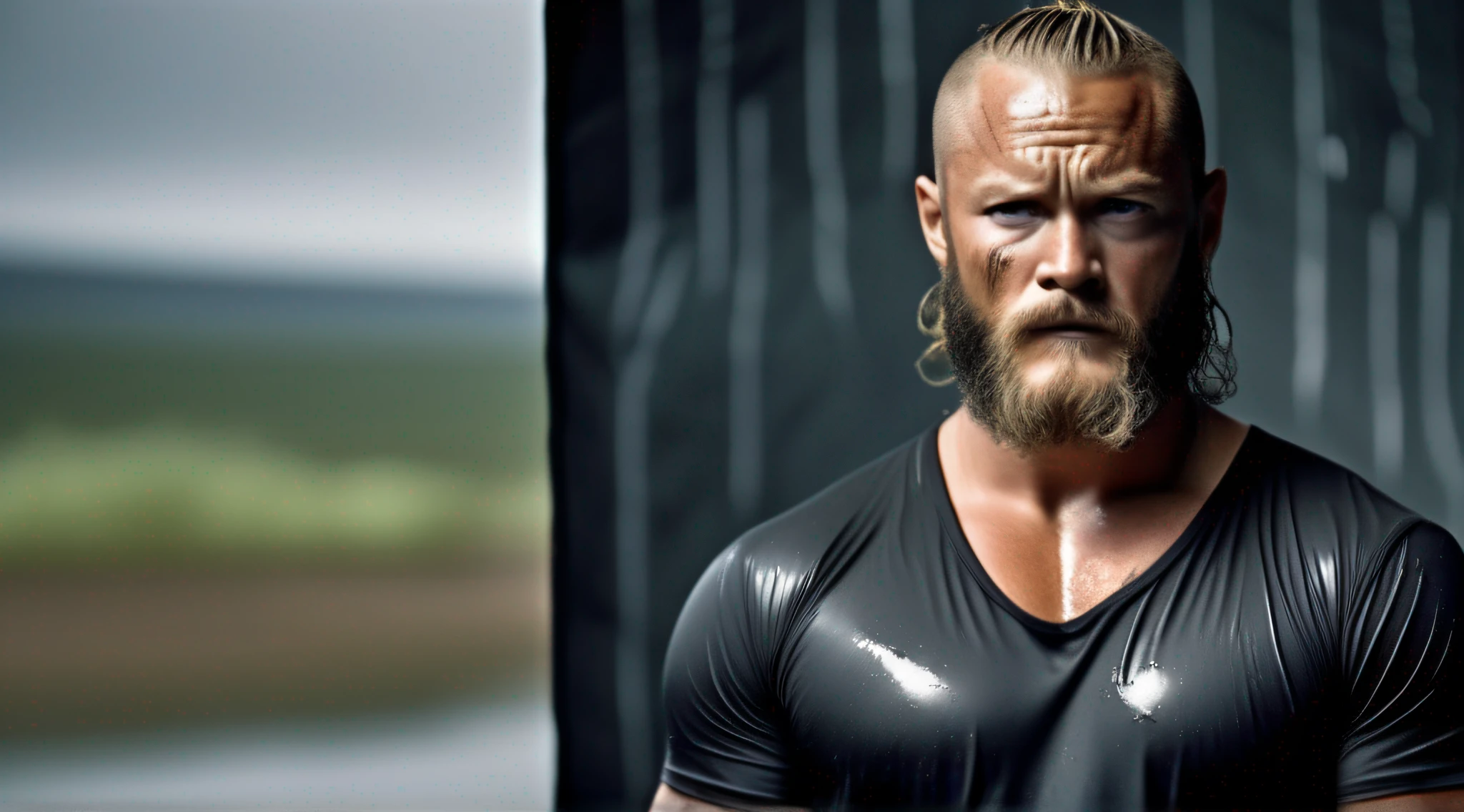 Man, Bearded, Front, Front, Portrait, Camera Far Away, Actor Travis Fimmel, Sweaty, Black Shirt, Tired Face, Muscular, Indignant, Wet, Training, Camera Away, (sharp focus:1.2), An Award-Winning Shot of a Suffering Fighter, portrait, water drops, tired expression, 30 years, storm out, lightning lighting, , lines on the face, wrinkles, extremely detailed skin, sadness, dark skin, hopelessness, beautiful cloudy eyes, (deep shadows: 1.1), high contrast, absurdist, 8k, (high quality: 1.3), artstation hd, concept art, detailed face and body, award-winning photography, (poor-moody lighting: 1.2), depth of field, bokeh, 4k, hdr, bad guy, war, mud, dirty, jacket Black, jacket, black, black shirt, rain