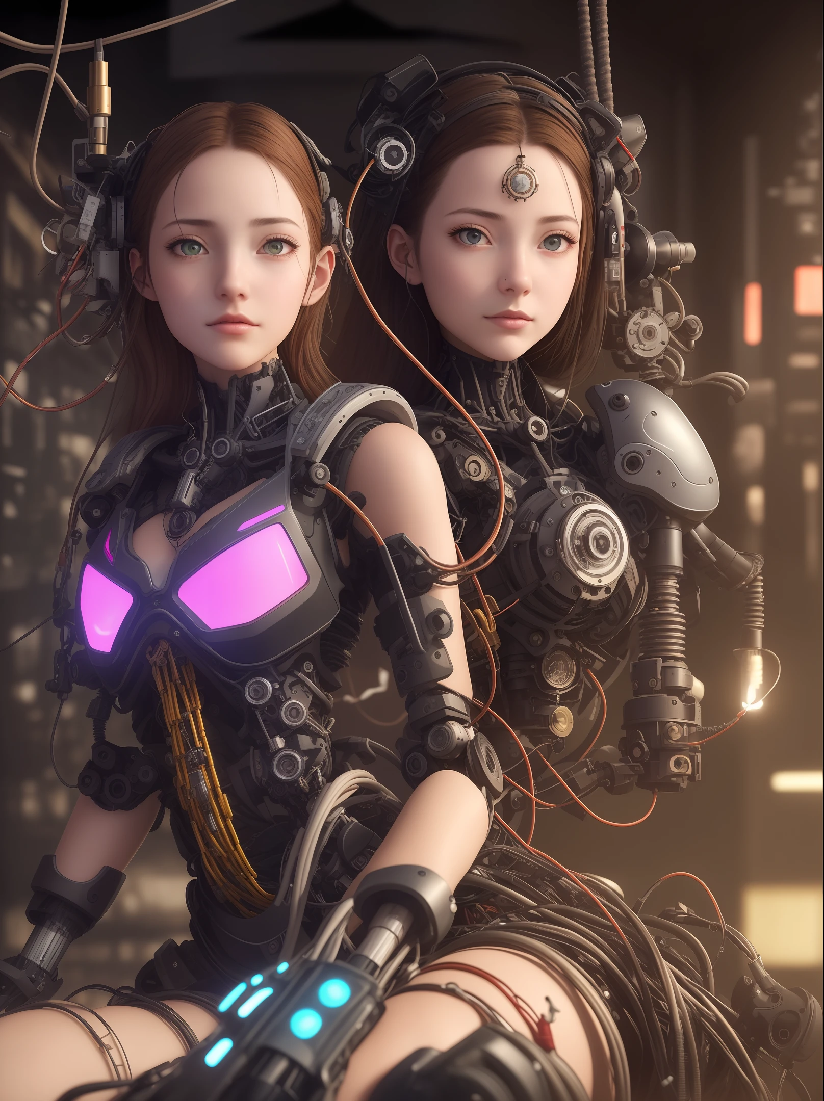 High Quality, Masterpiece, Ultra High Resolution, (Photorealistic: 1.4), Raw Photo, One Girl, Black Hair, Glossy Skin, 1 Mechanical Girl, (Ultra Realistic Details)), Portrait, Global Illumination, Shadows, Octane Rendering, 8K, Ultra Sharp, Glossy Skin, Realistic Skin, Big, Cleavage Exposed Raw Skin, Metal, Detail of Intricate Ornaments, steampunk details, very intricate details, realistic light, CGSoation trend, purple eyes, glowing eyes, facing the camera, neon details, mechanical limbs, blood vessels connected to tubes, mechanical vertebrae attached to the back, mechanical cervical attachment to the neck, sitting, wires and cables connecting to the head, Evangelion, small LED lamp, The background is a server room of the future,