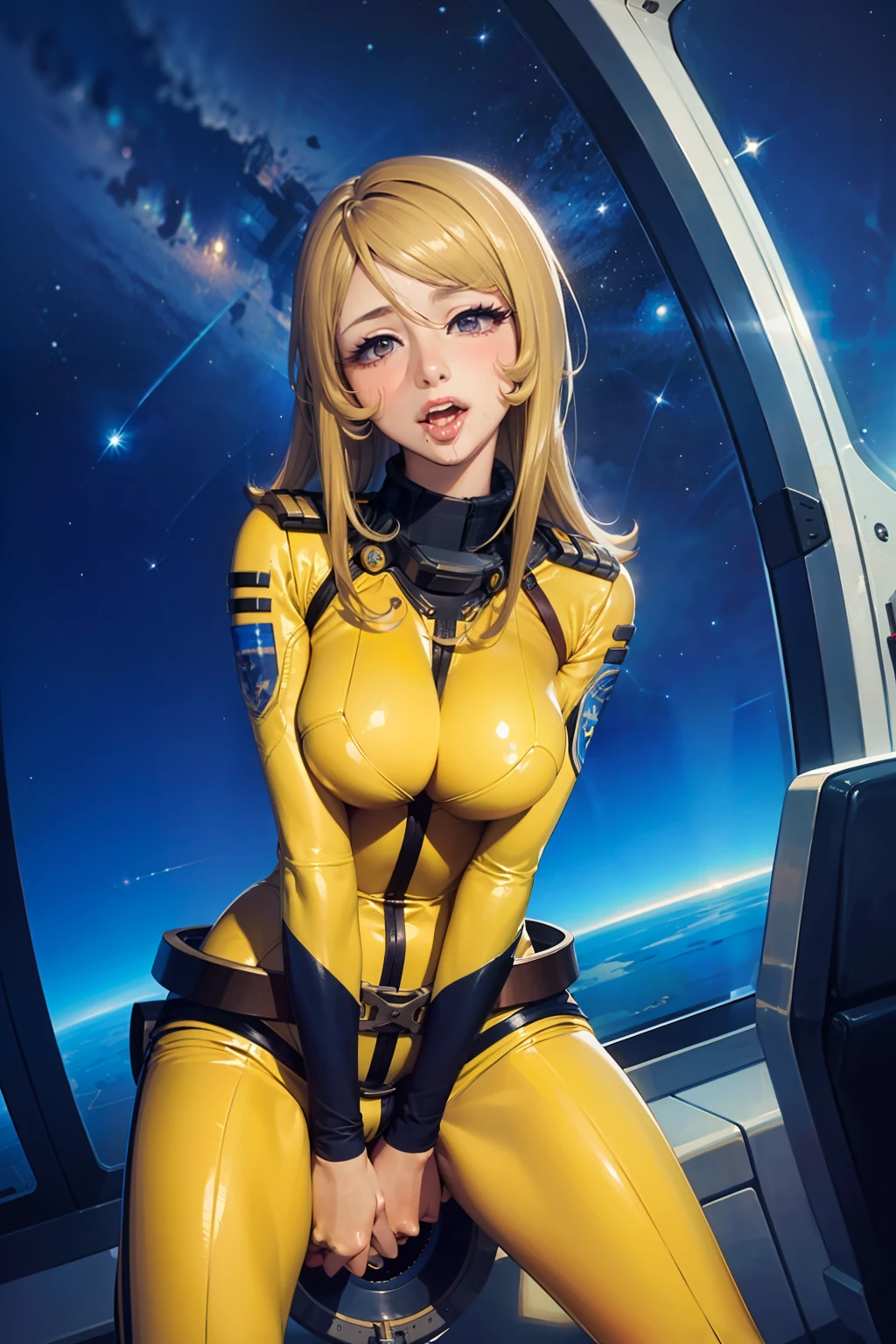 (masterpiece, best quality:1.2), (cowboy shot:0.8), solo, 1girl, mori yuki, slight smile, closed mouth, (ahegao:1.5) looking at viewer, blonde hair, thigh gap, leaning forward, yellow bodysuit, skin tight, belt, large window, (starship porthole:1.3), from front, (spread legs:1.3), (standing:1.1), starship interior, (outer space view:1.1), (orbital view:1.3), (night, stary sky:1.5), milky way