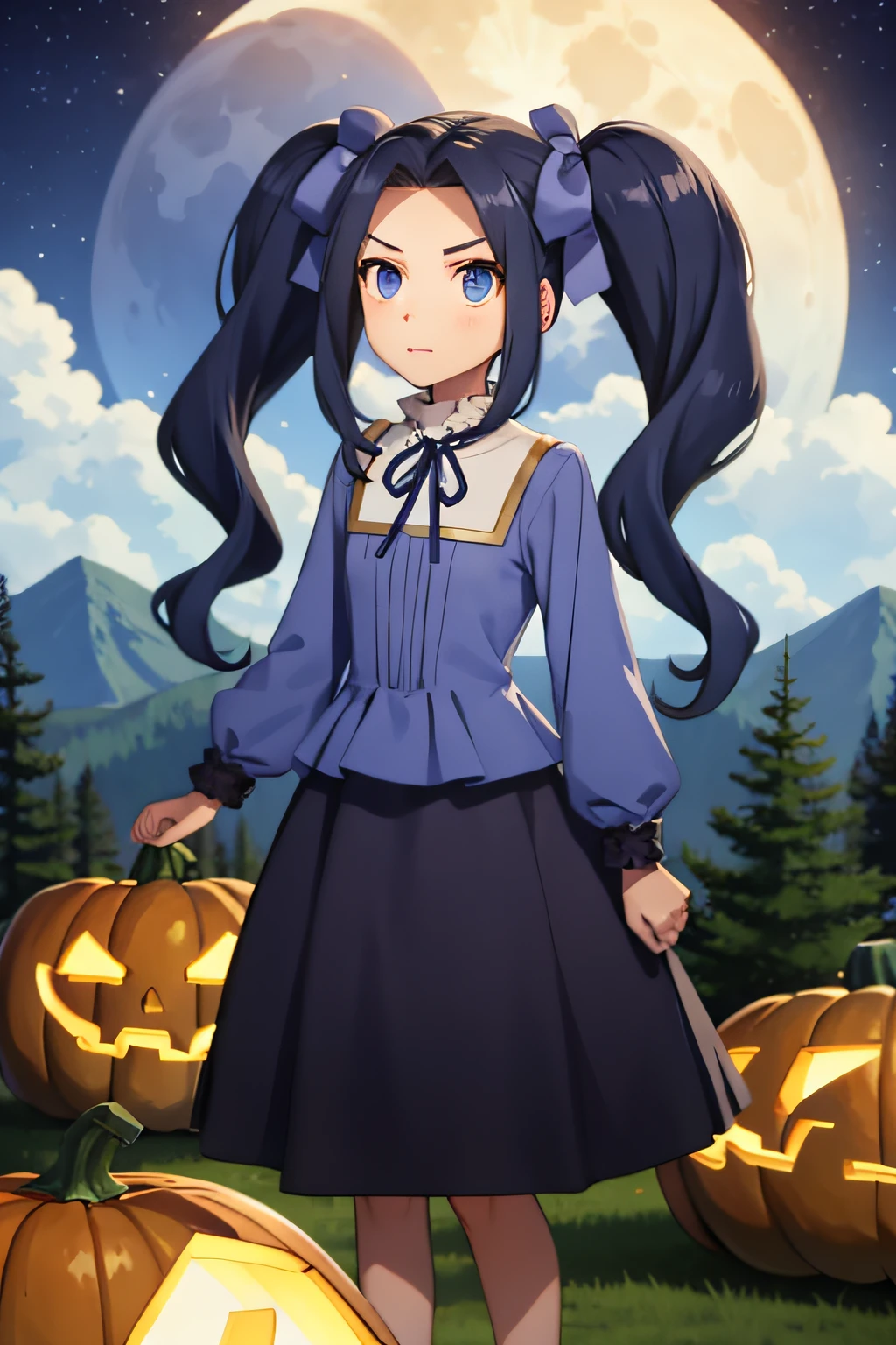 melty, 1girl, blue eyes, eyes visible through hair, hair intakes, bangs, purple hair, bangs, forehead, very long hair, twintails, parted bangs, hair bow, hair ribbon,
dress, long sleeves, blue dress, neck ribbon,
animal, full moon, moon, mountain, nature, no humans, orange sky, outdoors, plant, pumpkin, scenery, sky, tree, original