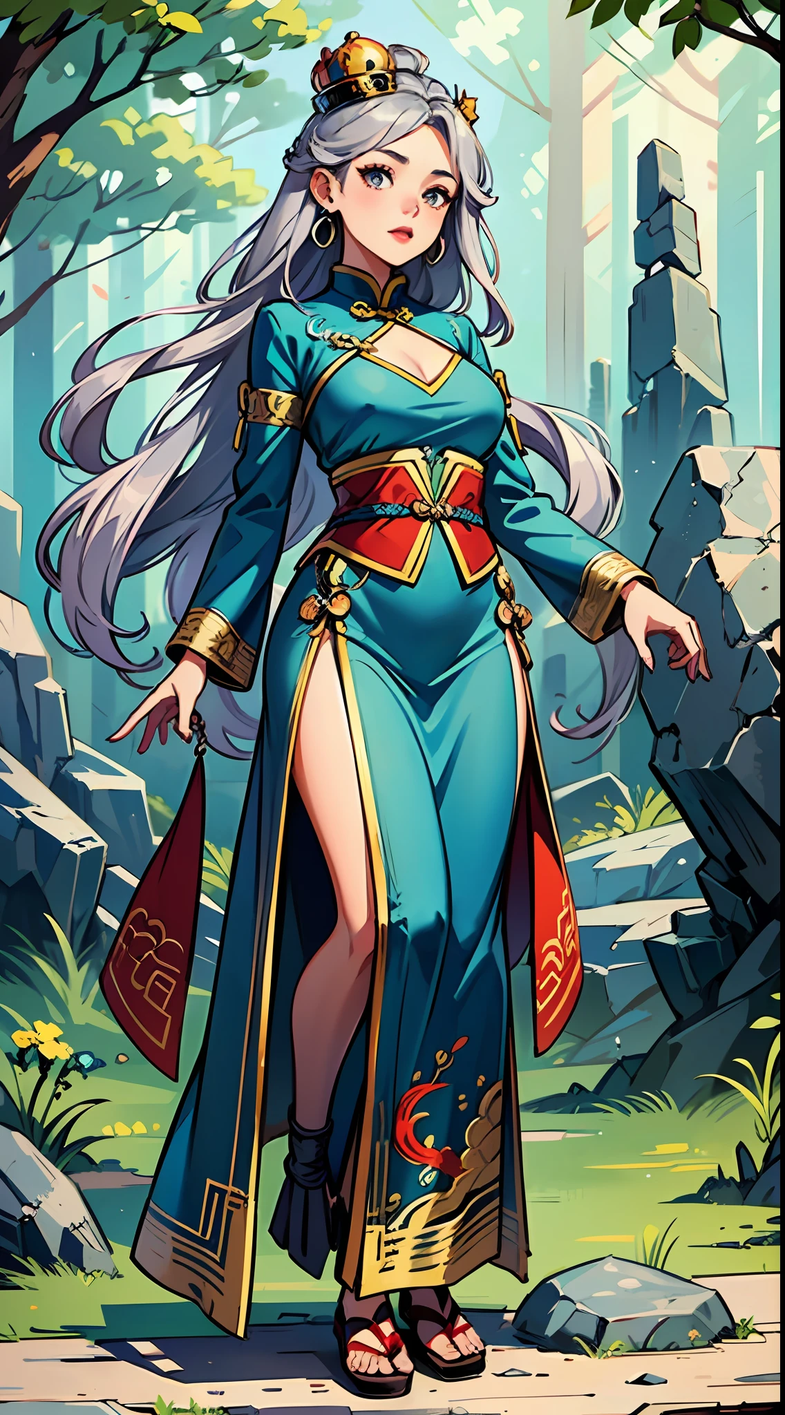 Ethnic style girl, wearing silver crown on her head, silver oval earrings on eartips, full body portrait, body ratio (1:3), background is stone forest, stone forest, ethnic costume, Chinese style illustration, heads-up view, super detail, 4K quality, kawaii --auto