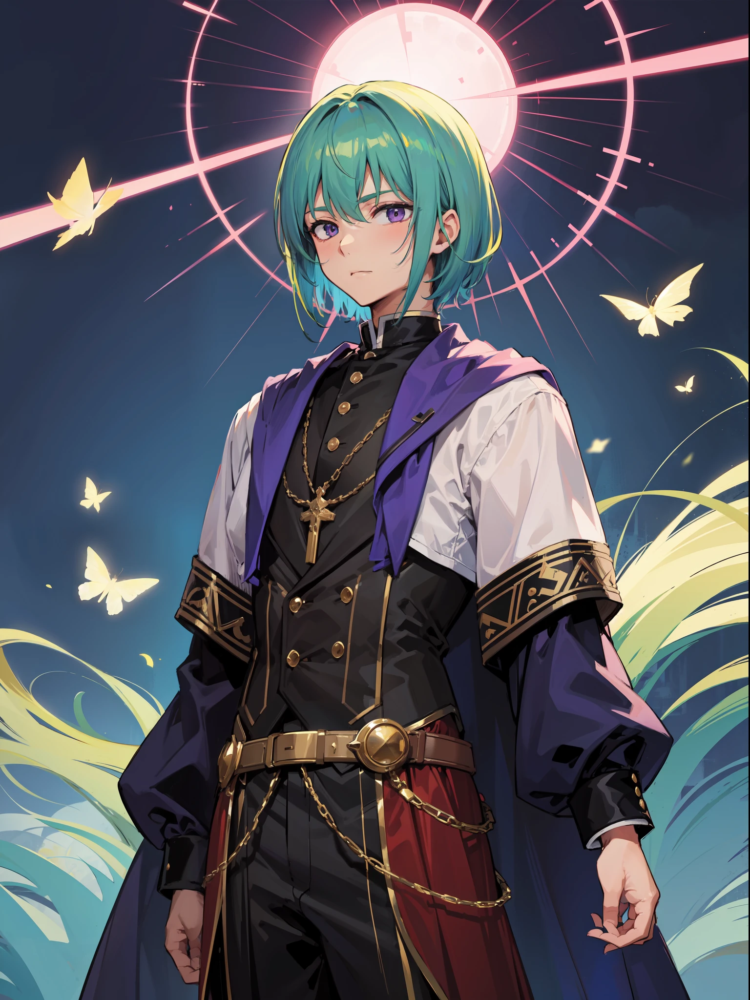 top quality, cowboy shot, fantasy, clergy, man, about 30 years old, adult male, purple fantasy style clothes, sage green hair, short hair, bishop, intelligent young man, dim background