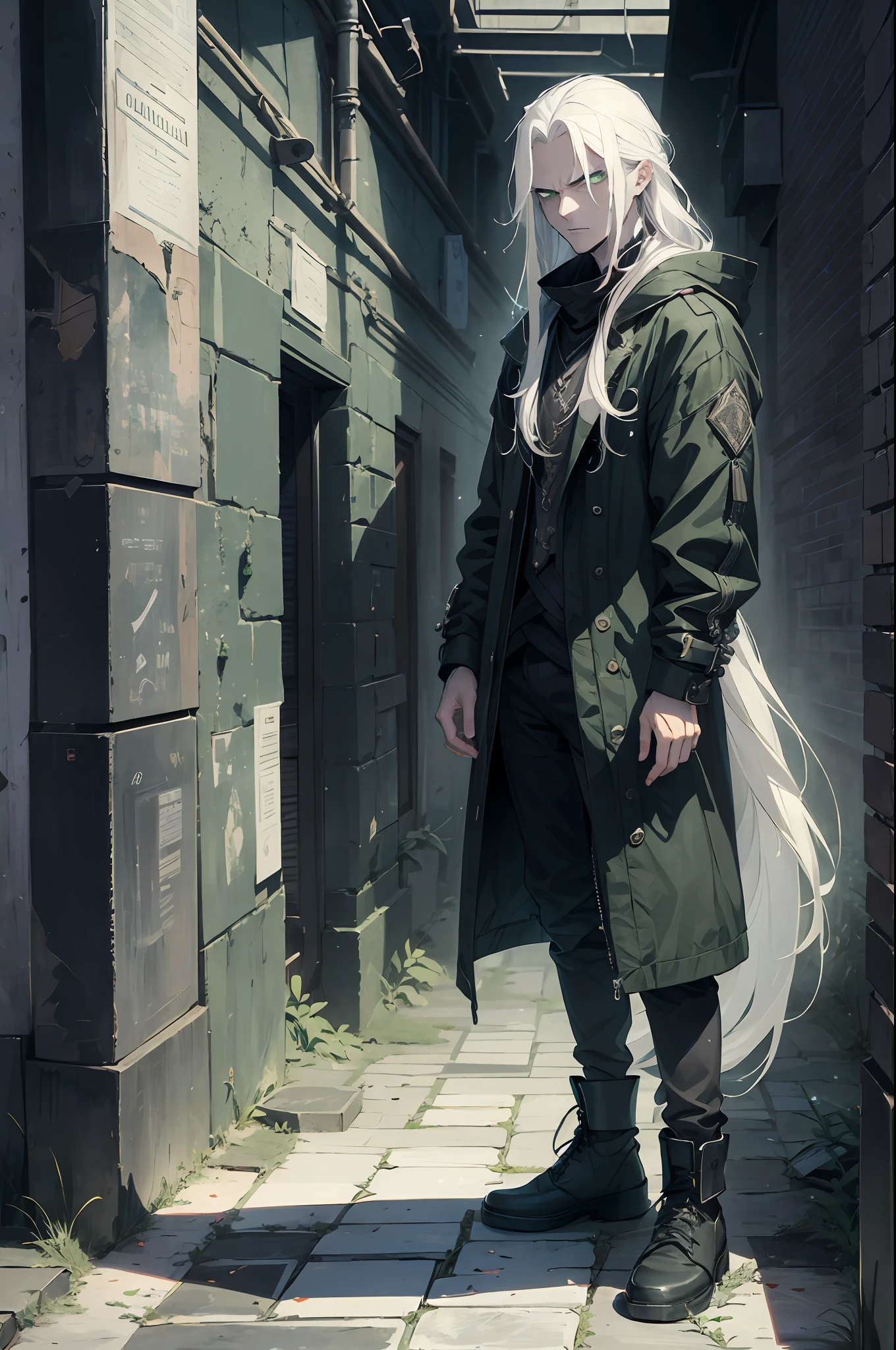 Man With sick appearance, very long white hair, green eyes, angry, black aura, young, very pale, wearing black clothes, full body, no beard