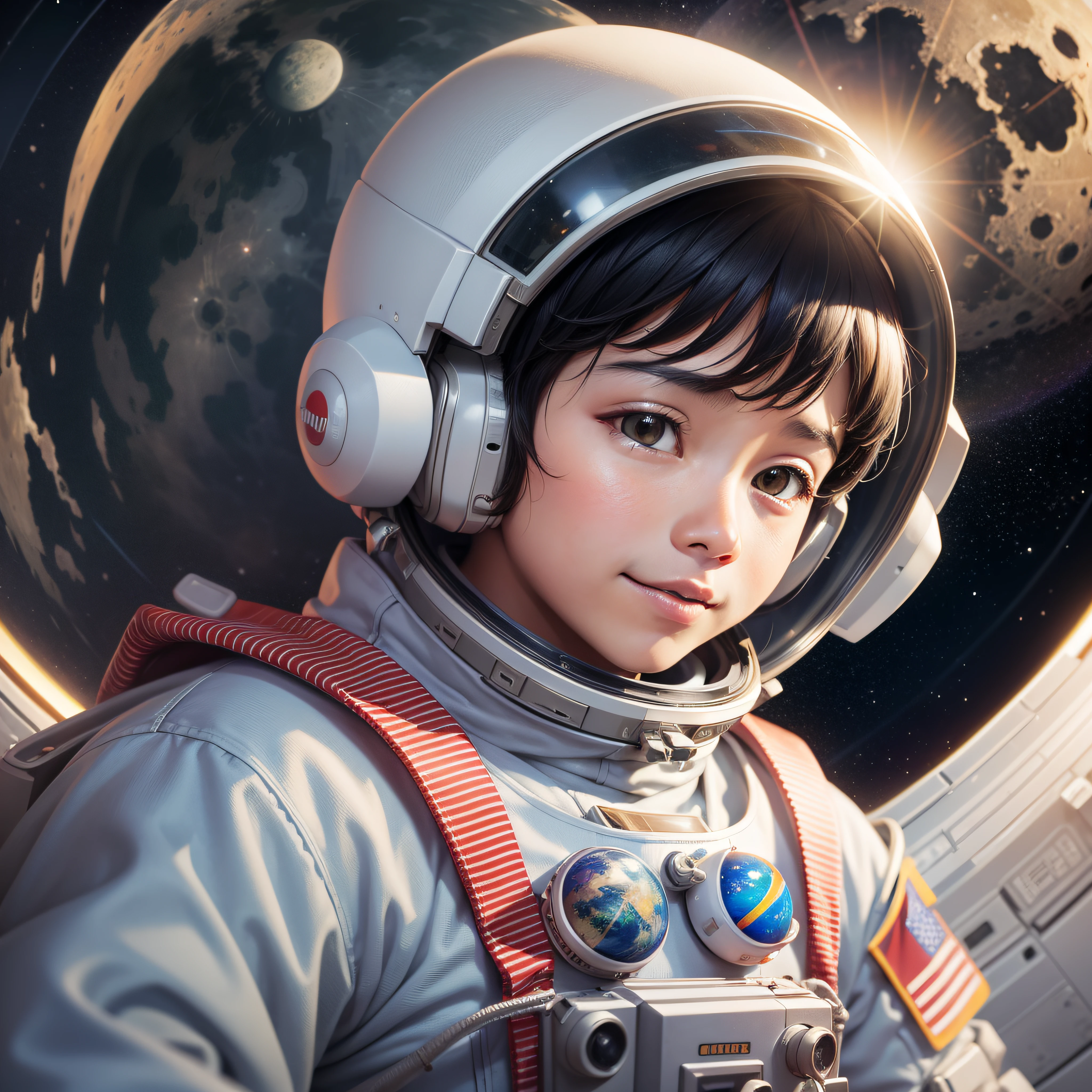 masterpiece, best quality, extremely high details, sp4c3w0m3n, a smiling and happy american woman with long hair, wearing a retro-style space suit and helmet, spacesuit with rocket on the back, flying on Mars with a spaceship in the background, vintage style