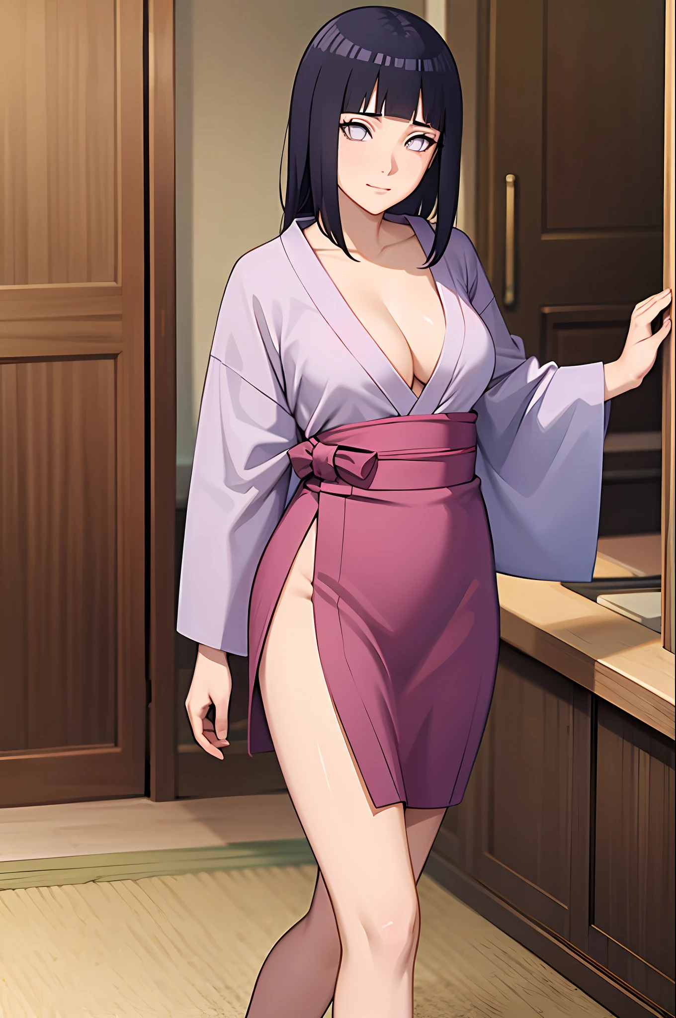 masterpiece, best quality, hinata/(boruto/), long hair,  medium breast, short kimono, slim legs