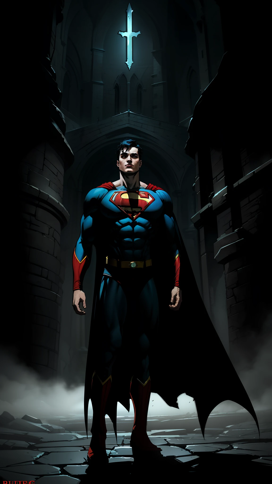 Victorian cathedral, superman (DC comics) wearing black medieval armor, long black cape on the back, fanciful art, greg rutkowski art style, dark fantasy, superman, unreal engine 5, 8k.