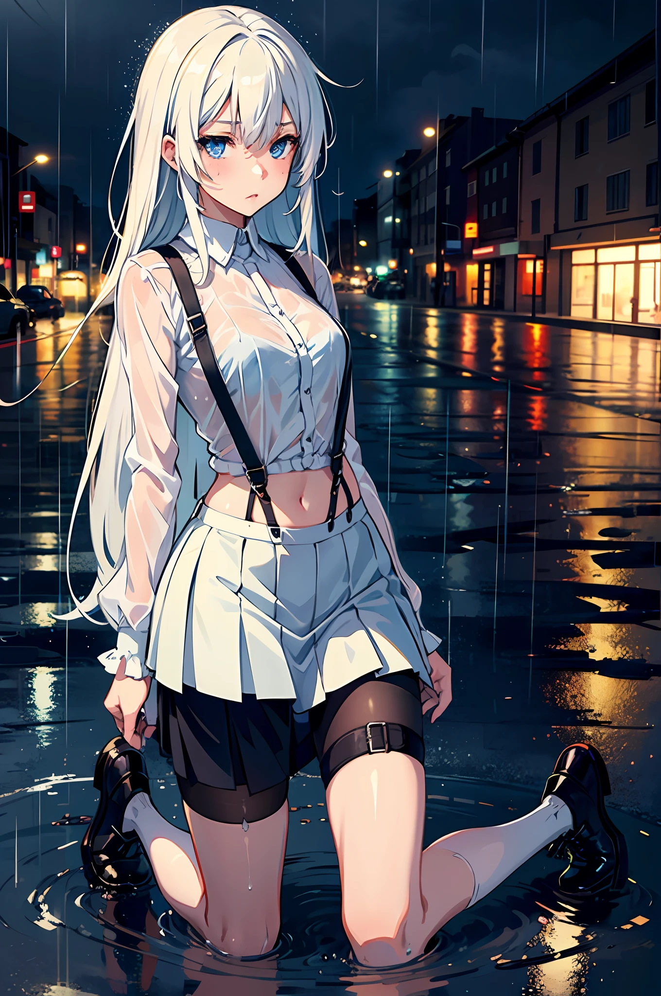 1 girl, anime style, kneeling, hivering, feeling cold, shivering, transparent suspender stockings, leg straps, short skirt, (long white hair), blue eyes, rain-soaked top, rainy day, heartache expression --auto