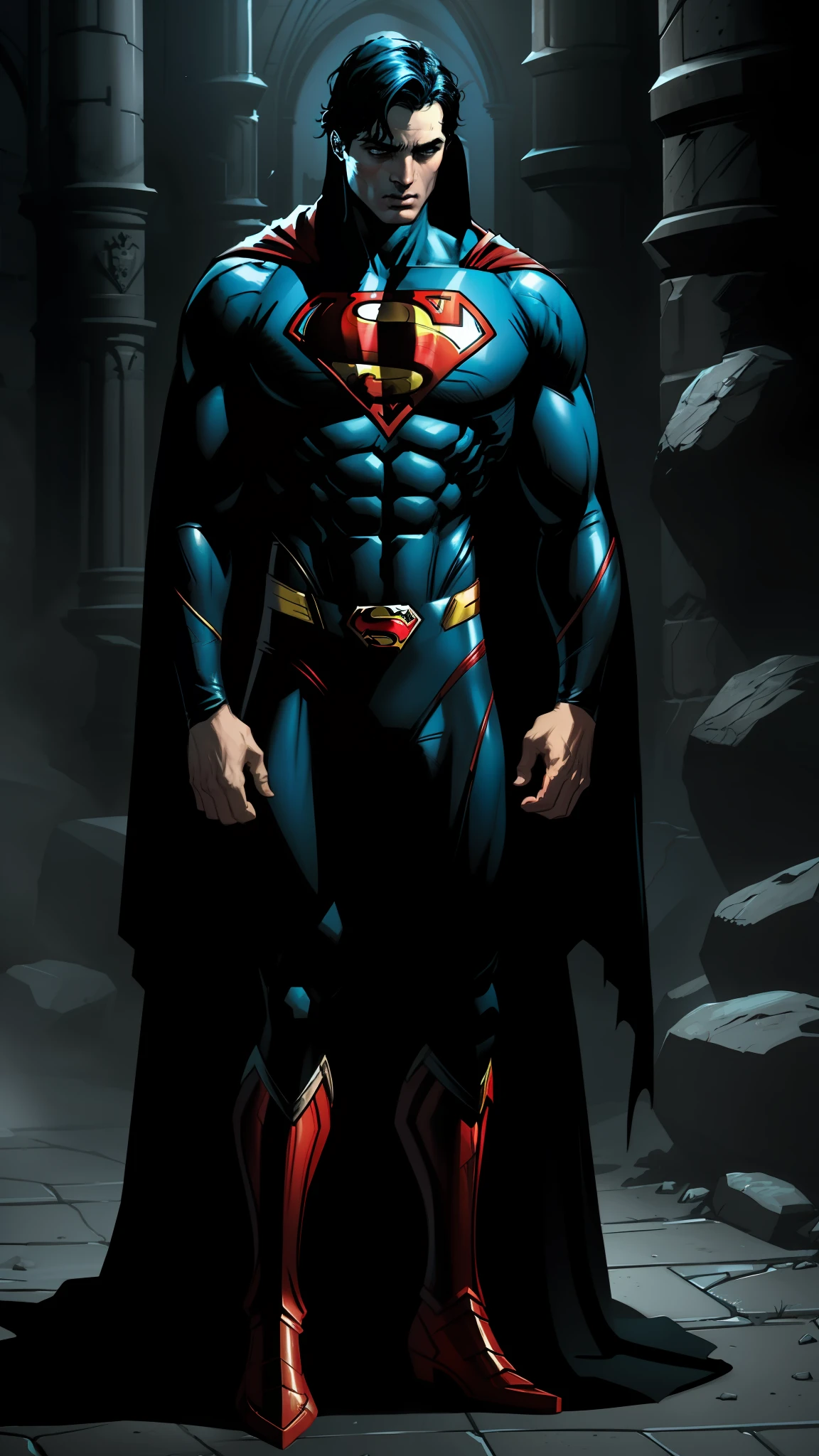 Victorian cathedral, superman (DC comics) wearing black medieval armor, long black cape on the back, fanciful art, greg rutkowski art style, dark fantasy, superman, unreal engine 5, 8k.