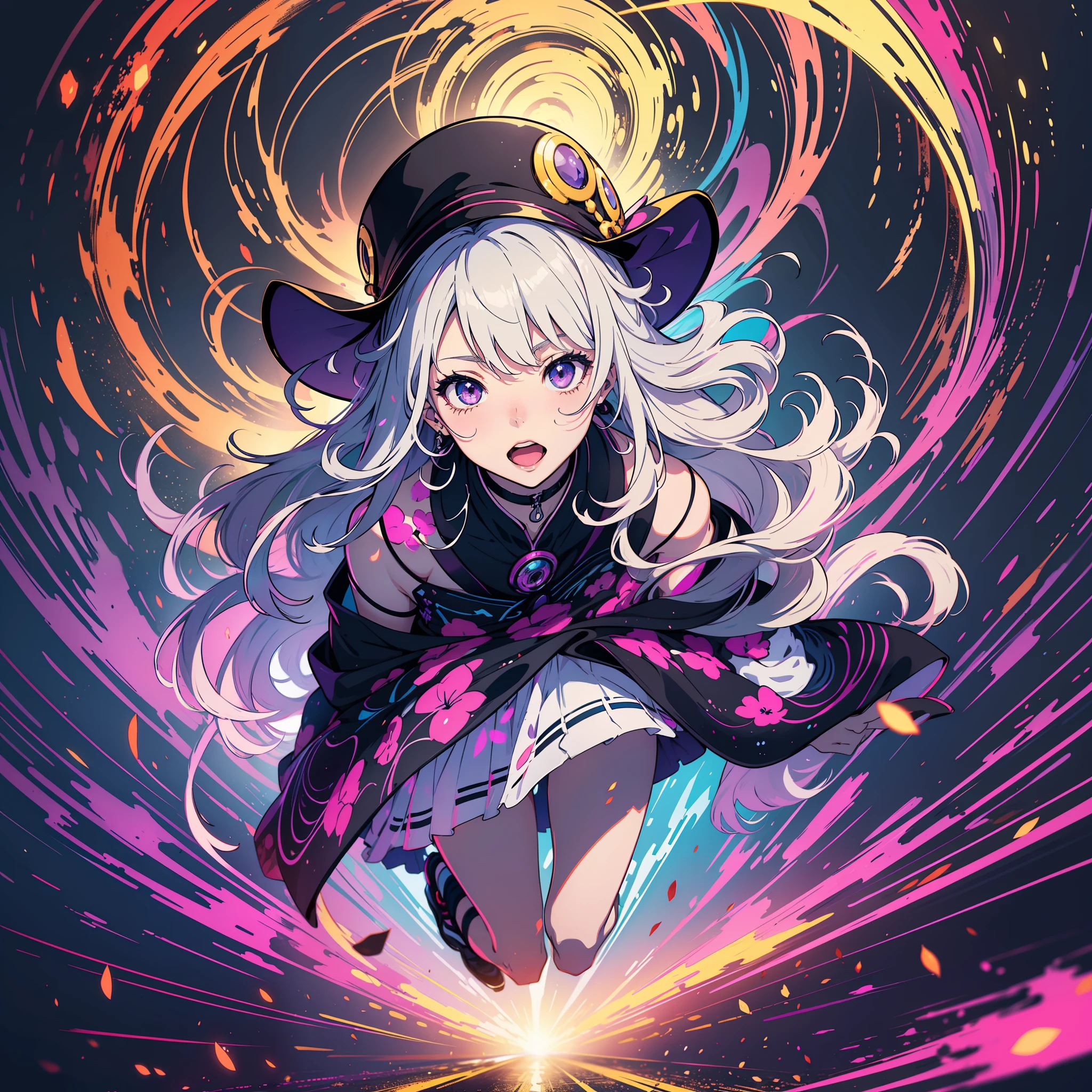 Anime cinematic color lighting, colorful background with all colors, highlighted light, overflowing colors, vertical and cheerful look, 1 girl running out of the body, masterpiece, (purple eyes: 1.5),(long loose gray hair 1.8) , anime, cheerful look, joy perception, light, adult woman , colorful dress, colorful hat, faded pose, anime colors, multifocus perspective image