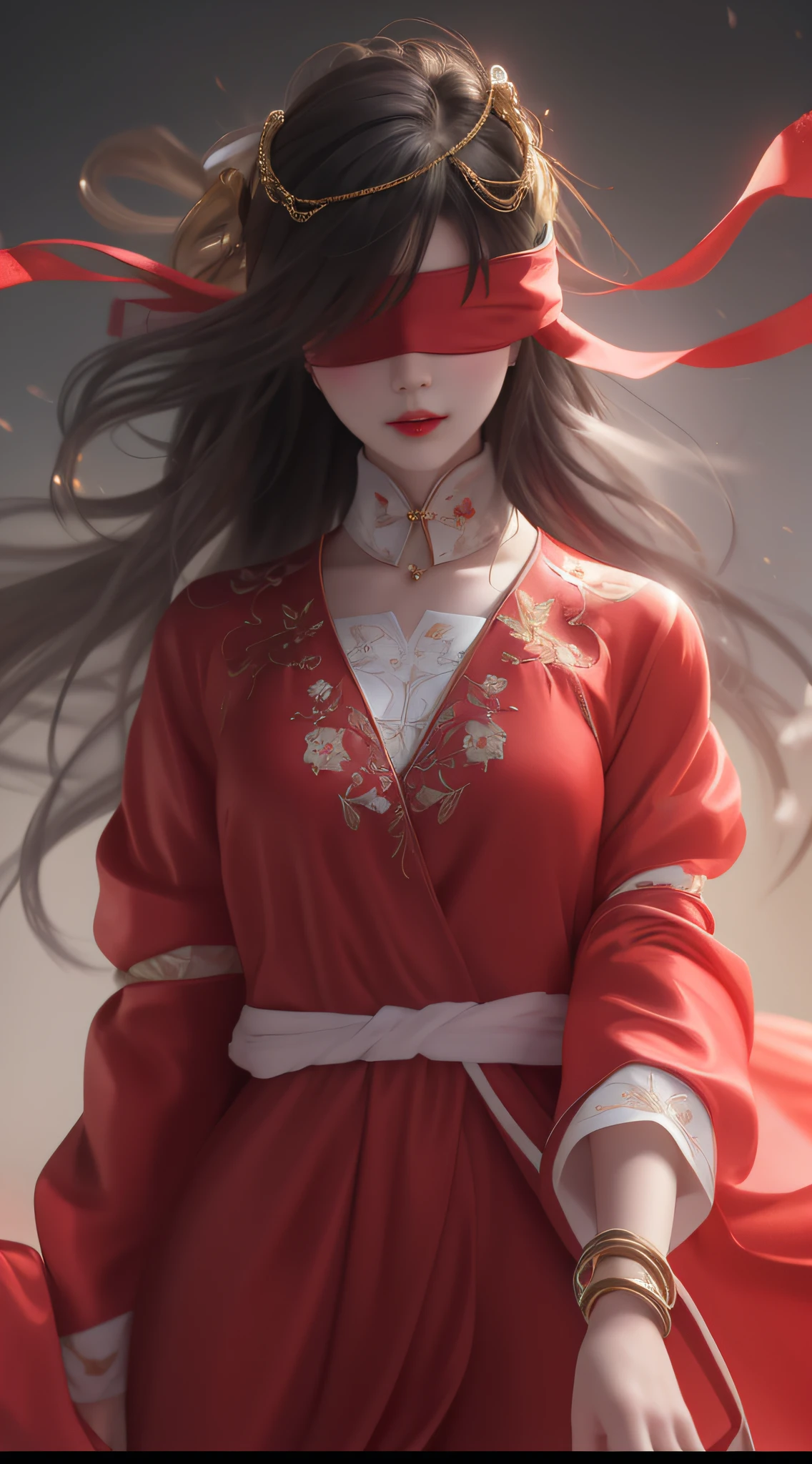 Arad woman in red dress, red ribbon blindfolded, beautiful figure painting, Guvez style artwork, Yang J, art style, beautiful digital artwork, art germ and Artai Guéran, Guvizi, style art germ, flowing hair and robe, red robe
