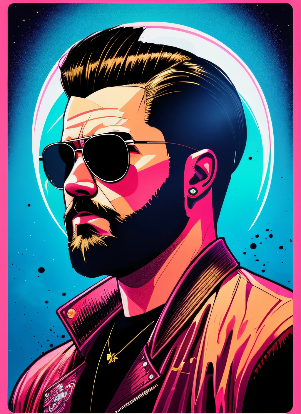 swpunk style,
A stunning intricate full color portrait of a grizzled man with a faux hawk,
synthwave lightgeo and light rays, 
wearing a black leather vest,
epic character composition,
thick strokes with paint splatters,
by ilya kuvshinov, alessio albi, nina masic,
sharp focus, natural lighting, subsurface scattering, f2, 35mm, film grain