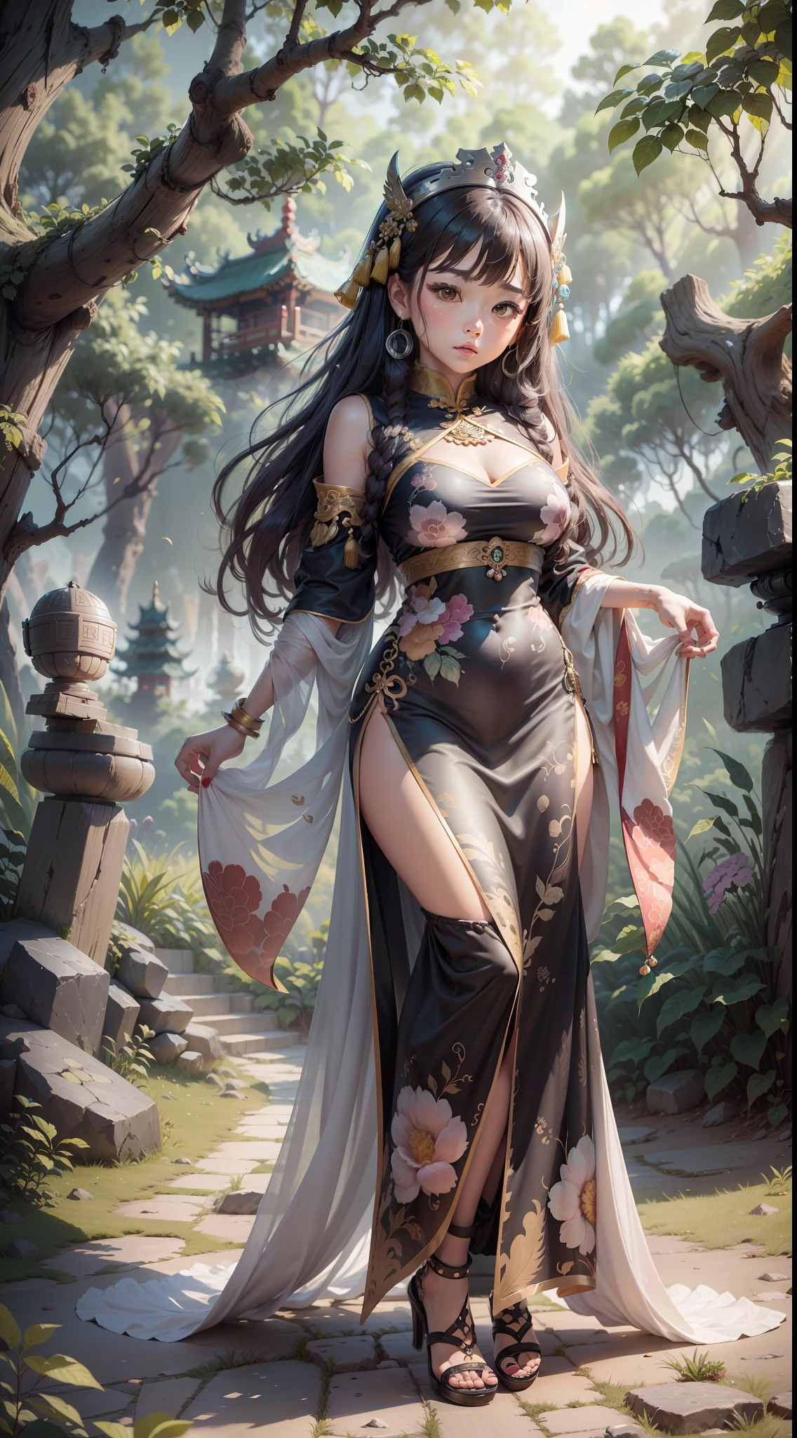 Ethnic style girl, wearing silver crown on head, silver oval earrings on earloops, full body portrait, body ratio (1:3), background is stone forest, Chinese stone forest, Kunming stone forest, full body portrait, national costume, Chinese style illustration, heads-up view, super detail, 4K quality, cartoon style Waiting to start