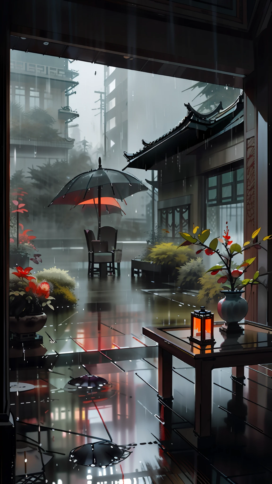 there is a table with a candle on it in a courtyard, rainy day outside, rainy outside, rainy afternoon, raining outside, inside on a rainy day, rainy scene, rainy and gloomy atmosphere, in a rainy environment, rainy mood, by Li Zai, rainy environment, rainy day, rainy weather, by Fei Danxu, raining outside the window, by Ren Xiong