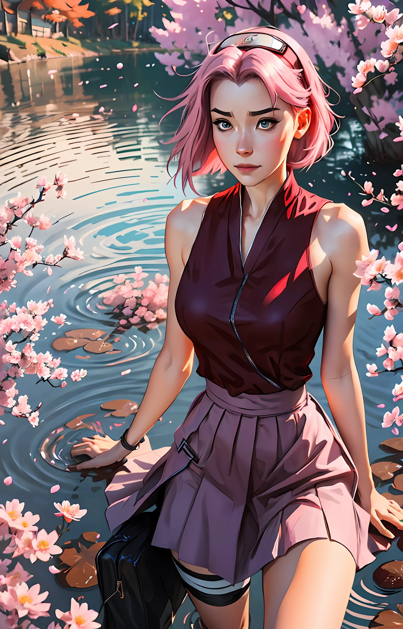 Sakura haruno, ((solo)), alone, ((forehead the show)), elegant,wearing a red blouse and a light pink skirt, Sakura haruno in Naruto Shippuden, pink hair, delicate, young, short hair, detailed, high definition, ((full body)), full body, ((serious)), in a lake, looking at the flowers, she is a beautiful woman, beautiful and pleasant woman, beautiful, beautiful, high quality, defined eyes,  High definition, sharp, sharp strokes, red bow in hair,trending on Artstation, by Rhods, Andreas Rocha, Rossdraws, Makoto Shinkai, Laurie Greasley, Lois van Baarle, Ilya Kuvshinov and Greg Rutkowski