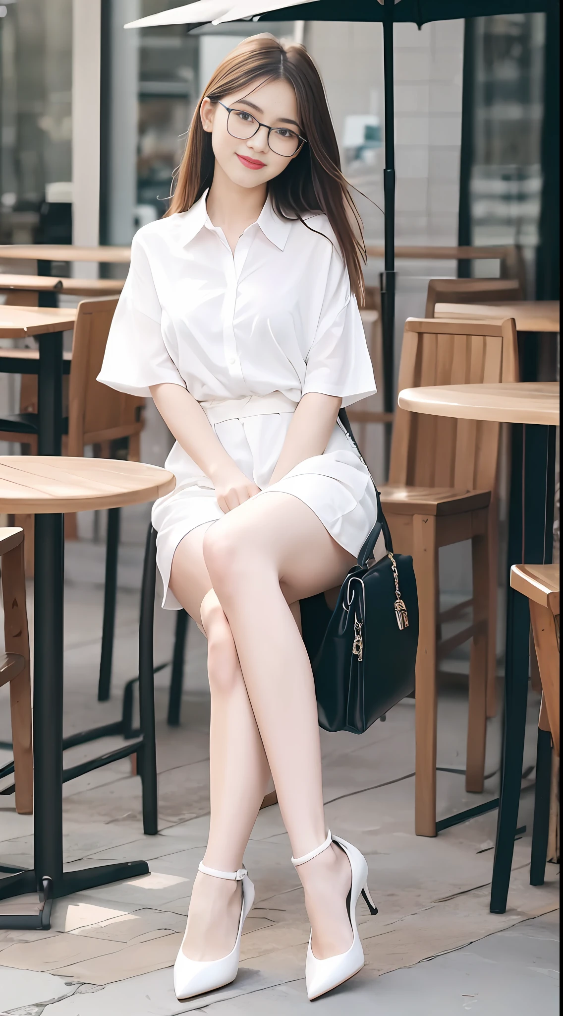 (8k, best quality, mastering: 1.2), (realistic, photorealistic: 1.37), super detailed, 1 girl with glasses, looking at the audience, cute, beautiful detailed sky, meticulous café, sitting at the table for afternoon tea, full body, (smile: 1.15), shut up, mid-chest, bursting shirt buttons, beautiful delicate eyes, (collared shirt: 1.1), daytime, sunshine, white lace, (long hair: 1.4), shoulder-length hair, silver hair, uniform, white skin, movie lights , street light, (sexiest actress: 1.4), full body photo, (coffee table:1), (handbag: 1), urzan-6500-v1.1:0.3, karinak-4501-6300:1.2, long legs, high heels,