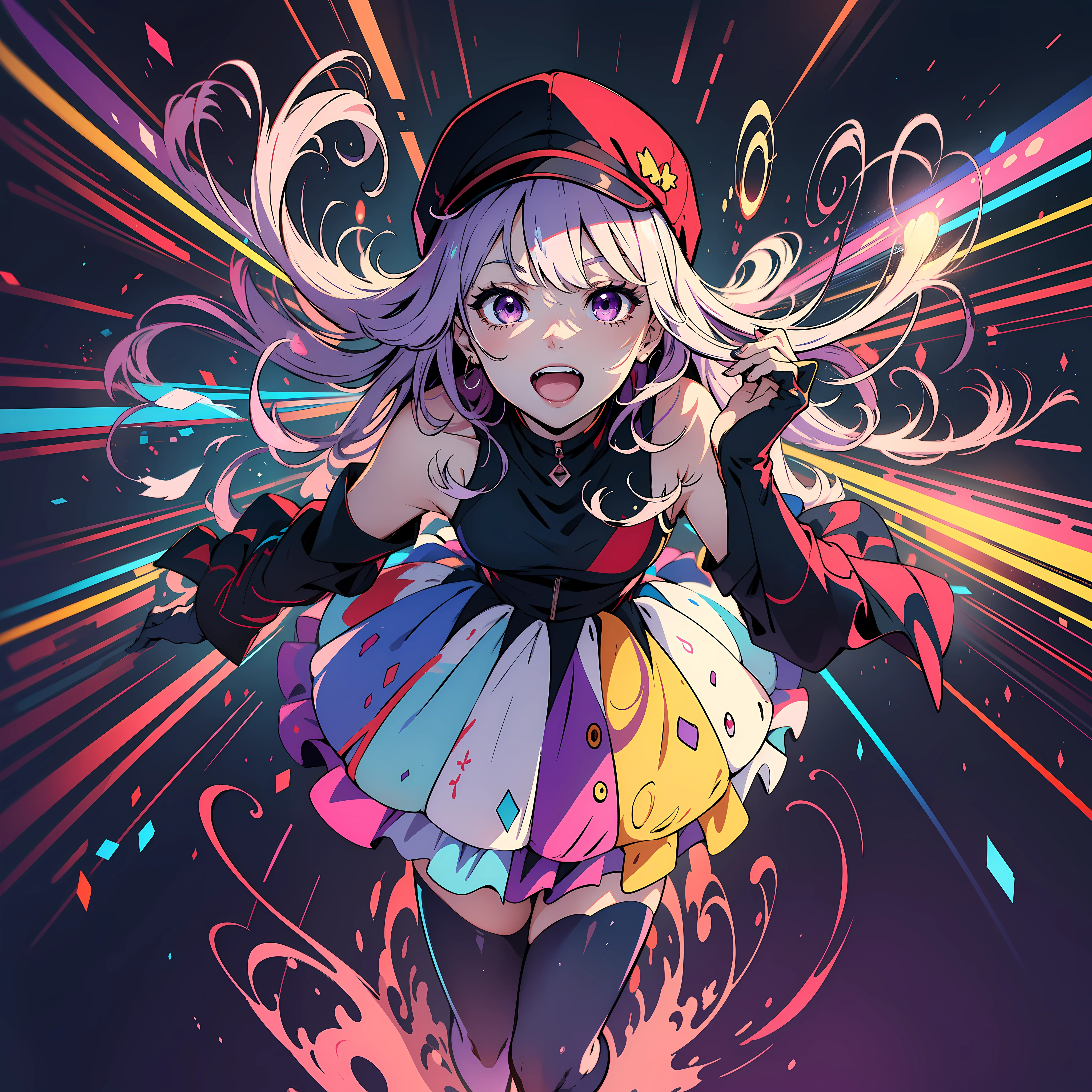 Anime cinematic color lighting, colorful background with all the colors in different shapes, highlighted colors, overflowing colors, vertical and cheerful look, 1 girl running out of the body, masterpiece, (purple eyes: 1.5),(long colored hair strong loose 1.8), anime, happy look, perception of joy, light, adult woman, colorful dress, colorful hat, faded pose, anime colors, multifocus perspective image