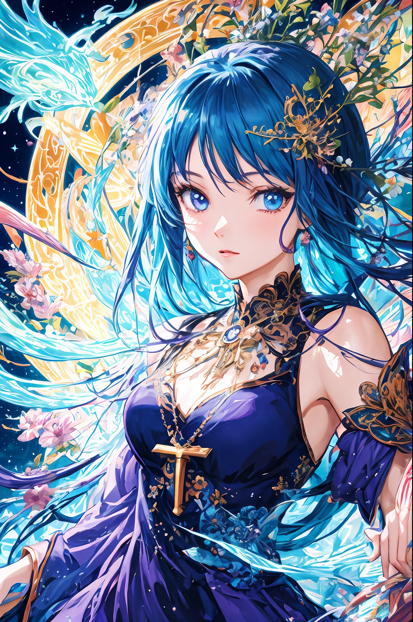 anime girl with blue hair and purple dress with flowers in her hair, beautiful fantasy anime, detailed digital anime art, anime fantasy artwork, anime fantasy illustration, high detailed official artwork, beautiful anime artwork, detailed anime artwork, detailed anime art, detailed key anime art, beautiful celestial mage, beautiful anime art, ((a beautiful fantasy empress)), anime art nouveau cosmic display