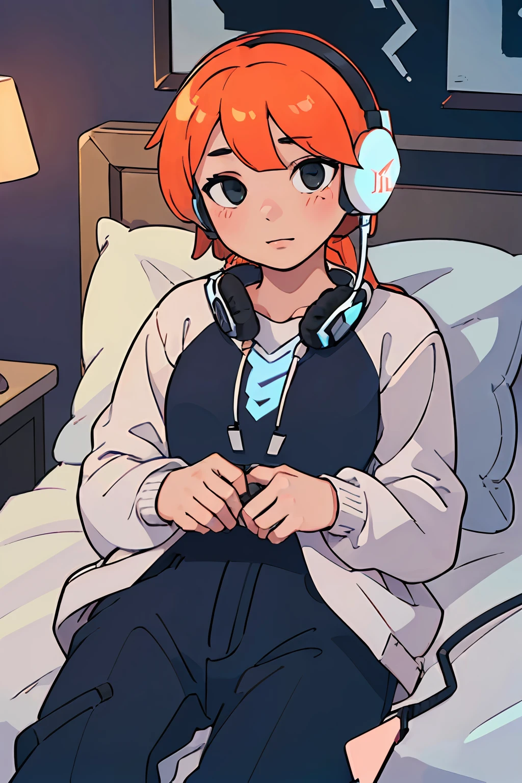 ((((Girl with headphone jack in bed.)))), detailed art, premium quality, soft lighting, vibrant colors, realistic details, relaxing atmosphere.