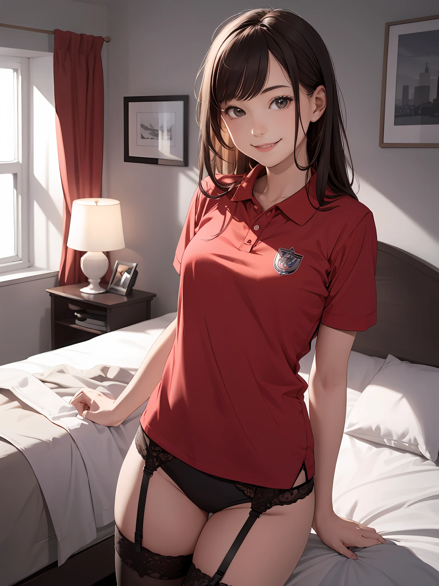 Realistic,  girl, polo shirt, garter belt, smile, bedroom