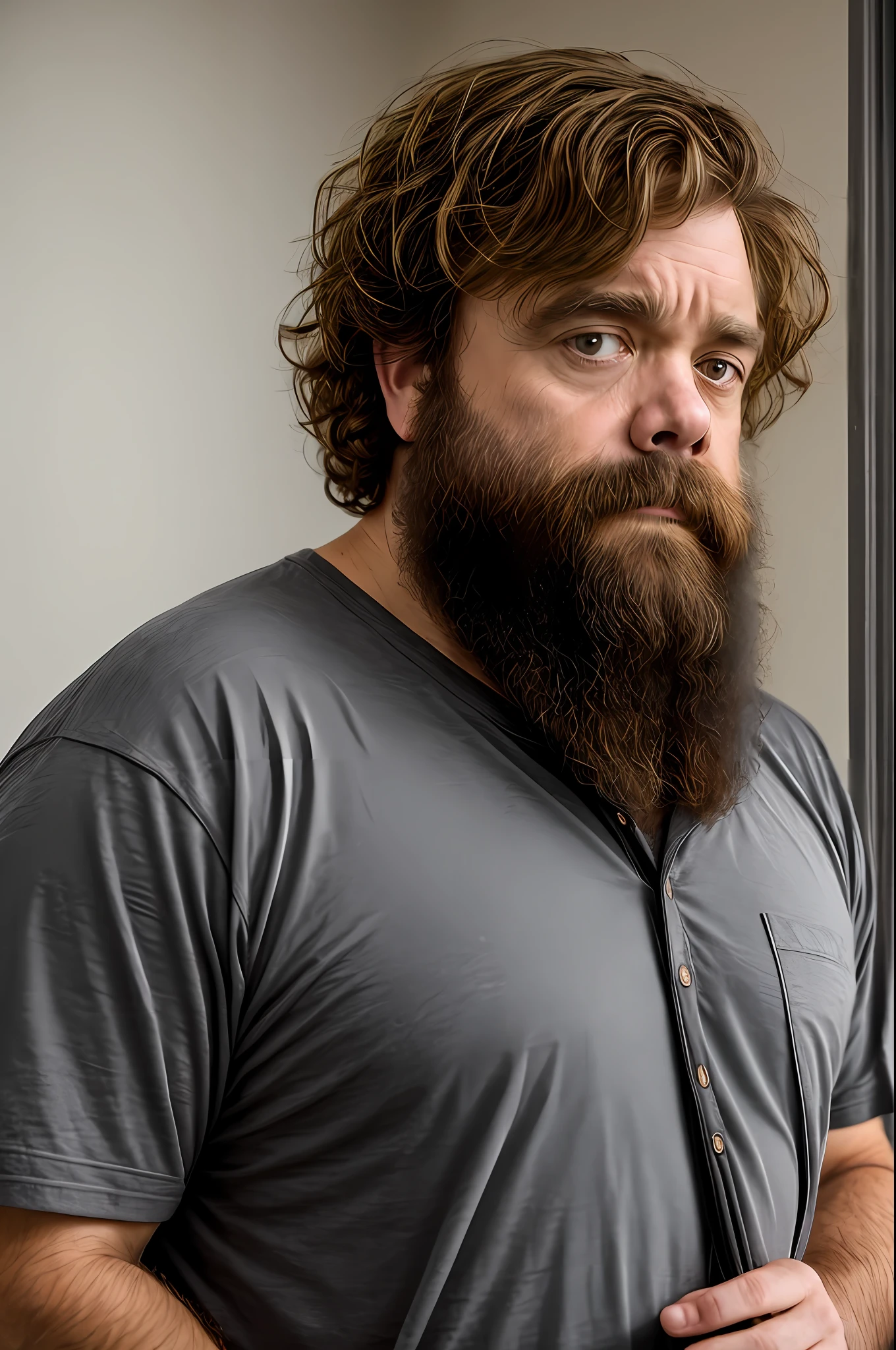 There is a man with a beard and a bag standing, hipster dad, disheveled man, wearing a T-shirt, gray beard, casually dressed, neat beard, long unkempt beard, Peter Dinklage, wearing a shirt, Scott the Woz, a man wearing a backpack , some beard, light beard, full beard, chest hair, looks like zach galifianakis meio gordinho
