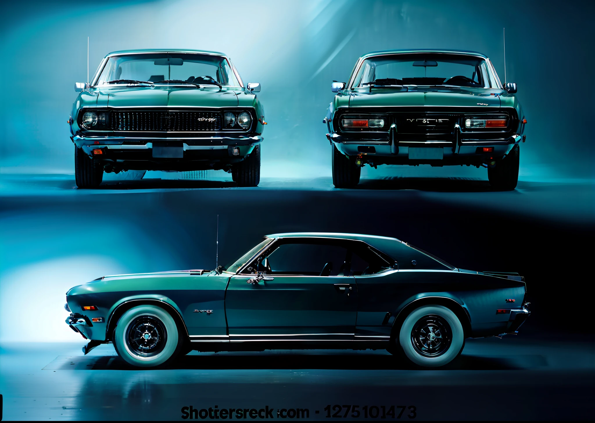 Carro Dodge Charger verde, car design, threeview (Front, back, side)