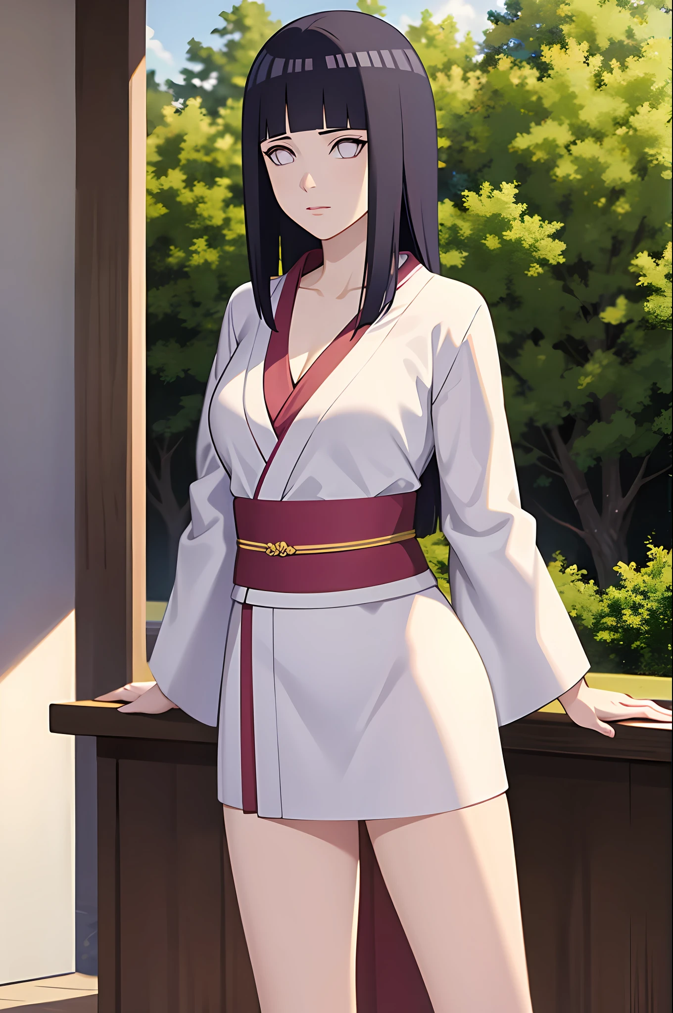masterpiece, best quality, hinata/(boruto/), long hair, medium breast, short kimono, slim legs