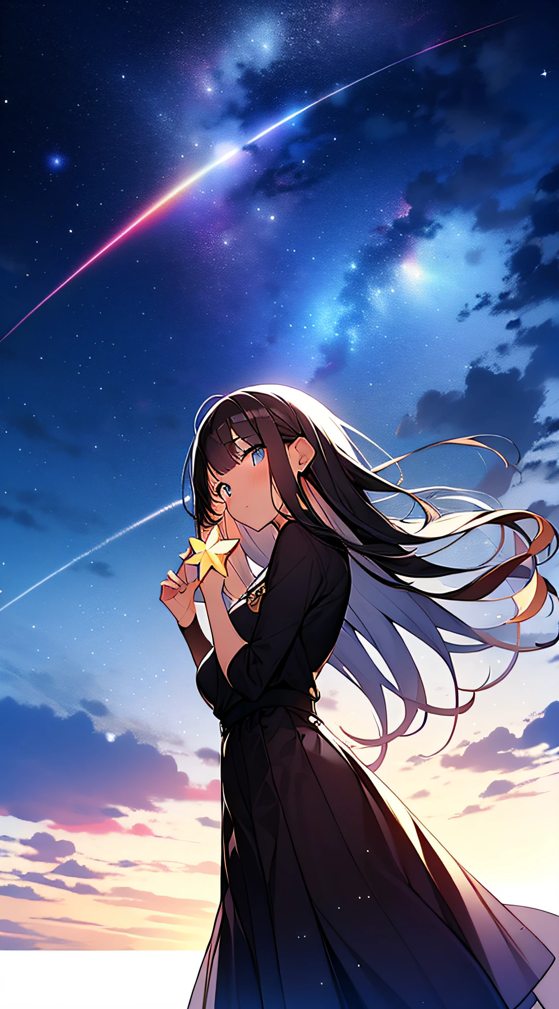 A girl holding a star in her hand, long flowing hair, wearing a long skirt, starry sky, delicate, with shooting stars