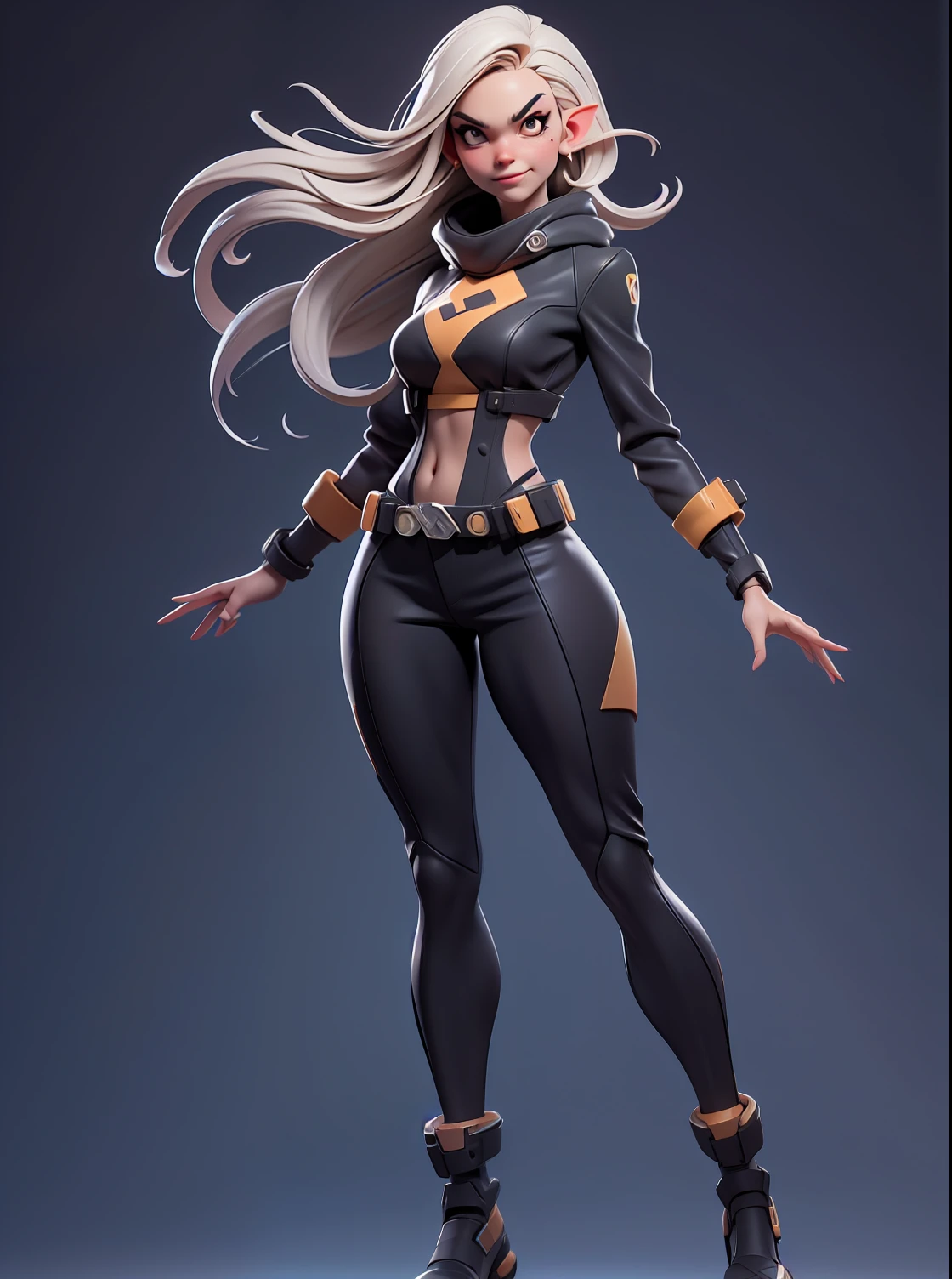 (Masterpiece), (Excellent), (Super Meticulous), (Full Body: 1.2), gorgeous Woman, Female dark elf, Sexy, Bursting, solo, 1 girl, Black ranger style suit, hyper detailed face, hyper natural realistic skin, Very Clean Face, Black Eyes, Confident Smile, 3D character design, CGI extreme detailed wallpaper digital painting, cartoon style correct anatomy, octane render, fierce expression on her face, volumetrics,