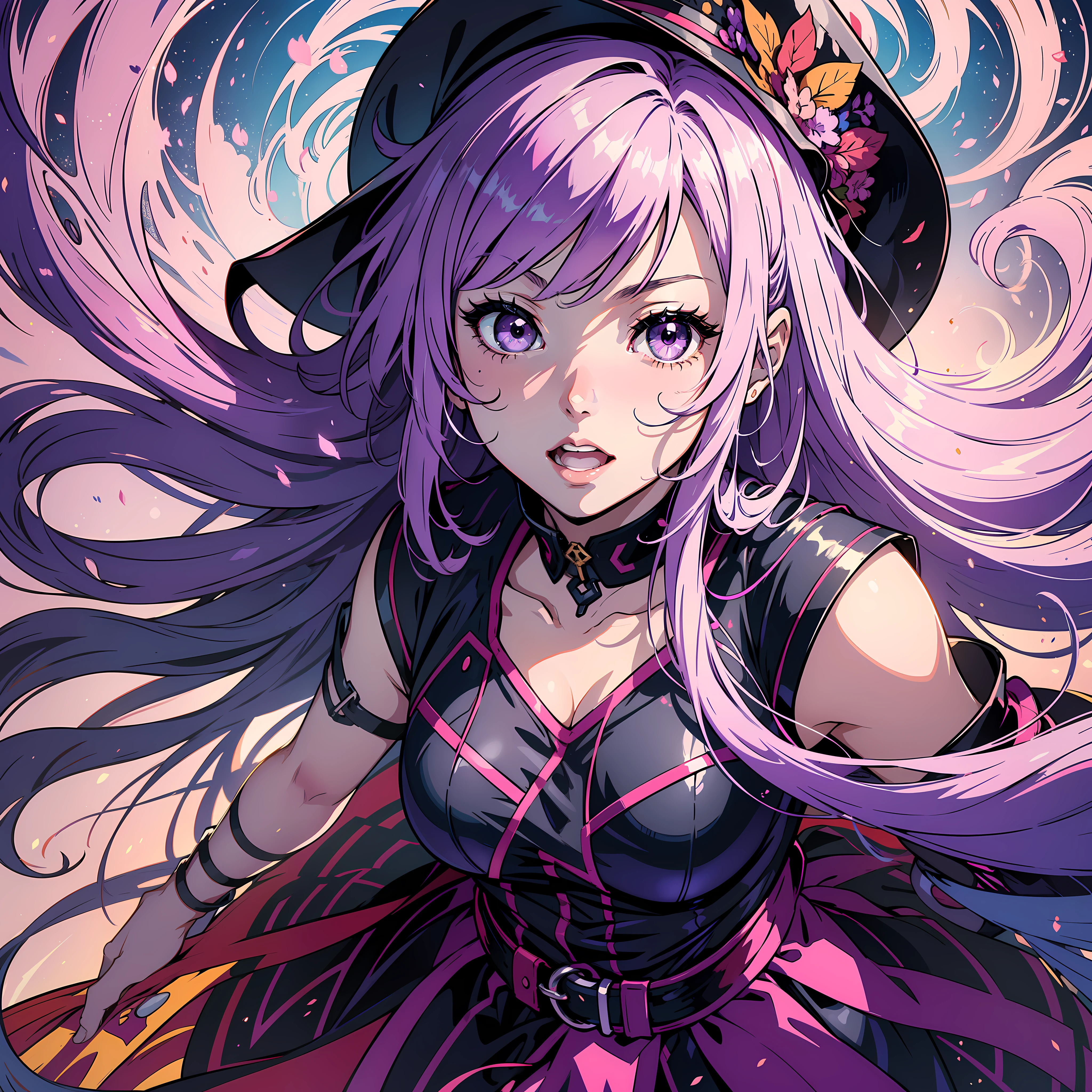 Anime cinematic color lighting, colorful background with all the colors in different shapes, highlighted colors, overflowing colors, vertical and cheerful look, 1 girl running out of the body, masterpiece, (purple eyes: 1.5),(long colored hair strong loose 1.8), anime, happy look, perception of joy, light, adult woman, colorful dress, colorful hat, faded pose, anime colors, multifocus perspective image