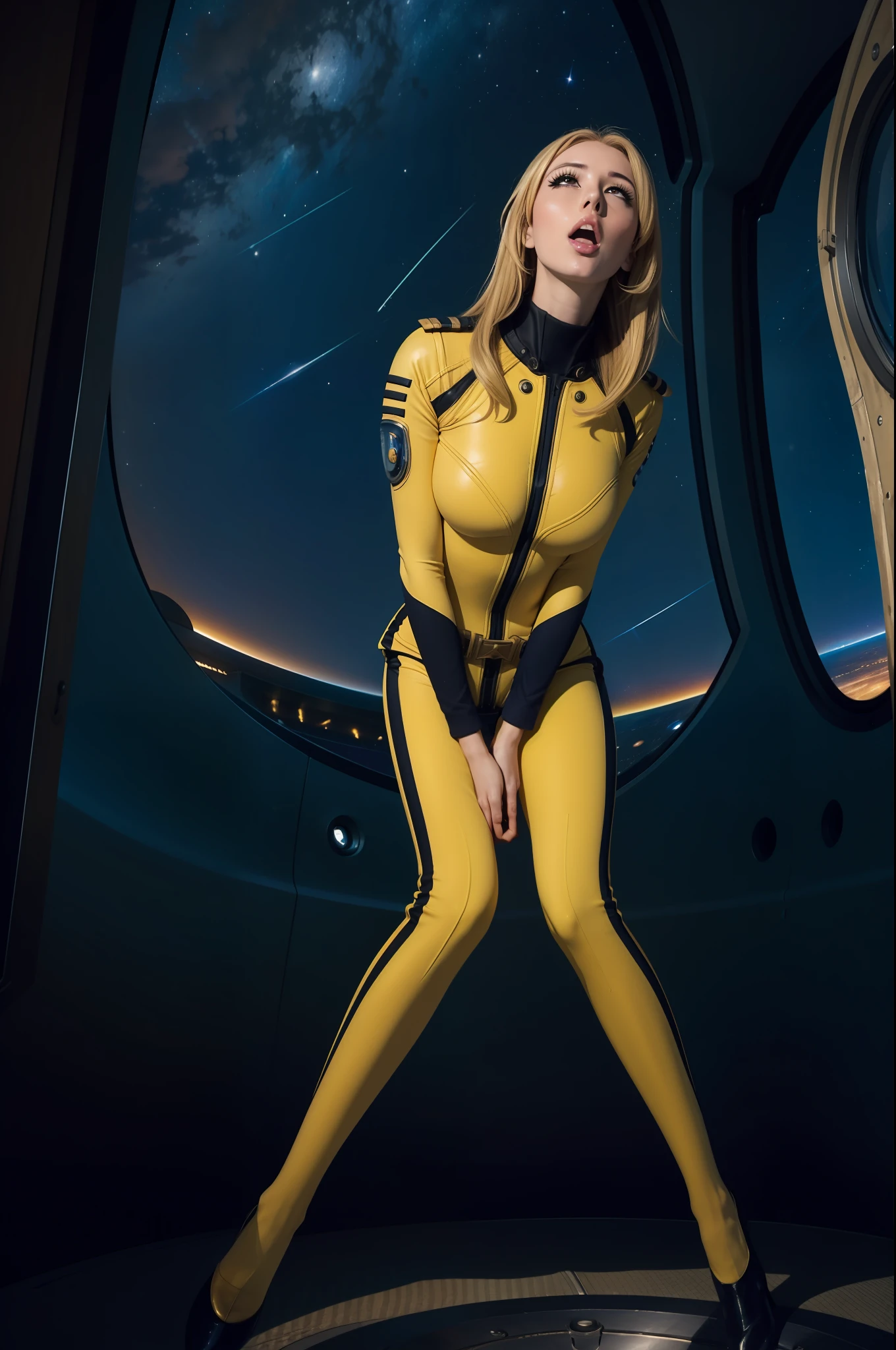 (masterpiece, best quality:1.2), (cowboy shot:0.8), solo, 1girl, mori yuki, slight smile, closed mouth, (ahegao:1.5) looking at viewer, blonde hair, thigh gap, leaning forward, yellow bodysuit, skin tight, belt, large window, (starship porthole:1.3), from front, (spread legs:1.3), (standing:1.1), starship interior, (outer space view:1.1), (orbital view:1.3), (night, stary sky:1.5), milky way