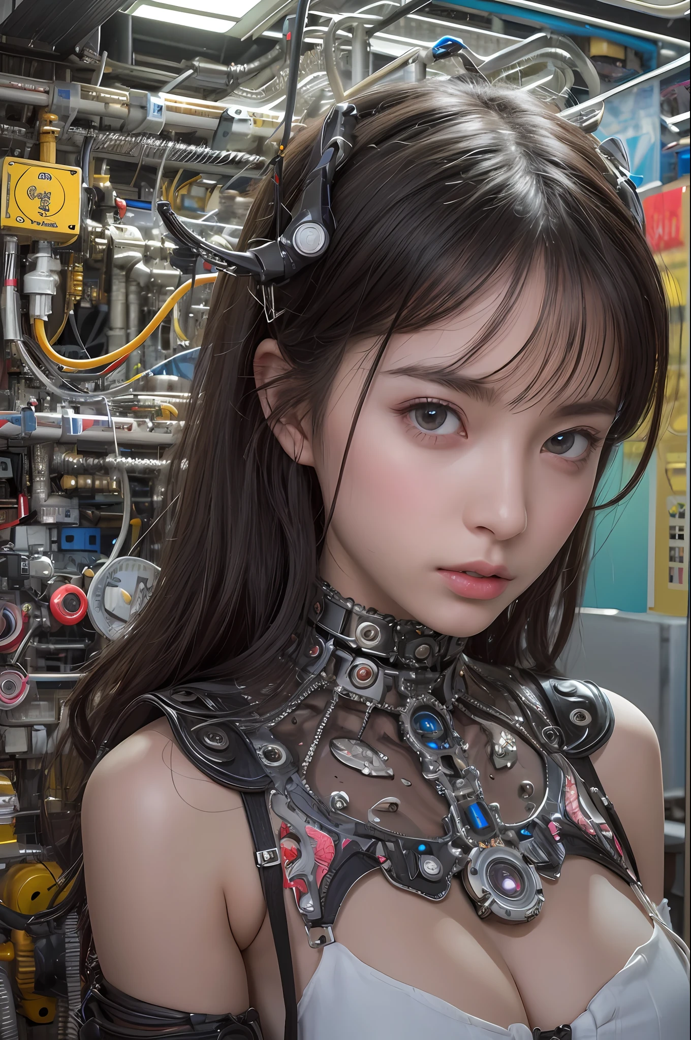 Top Quality, Masterpiece, Ultra High Resolution, (Photorealistic: 1.4), Raw Photo, 1 Girl, Black Hair, Glossy Skin, 1 Mechanical Girl, (Ultra Realistic Details)), Portrait, Global Illumination, Shadows, Octane Rendering, 8K, Ultra Sharp, Glossy Skin, Realistic Skin, Big, Cleavage Exposed Raw Skin, Metal, Intricate Ornaments Details, steampunk details, very intricate details, realistic light, CGSoation trends, purple eyes, glowing eyes, facing the camera, neon details, mechanical limbs, blood vessels connected to tubes, mechanical vertebrae attached to the back, mechanical cervical attachment to the neck, sitting, wires and cables connecting to the head, analog meters, pressure gauges, vacuum tubes, gears, Small LED lamp, background is a futuristic server room,