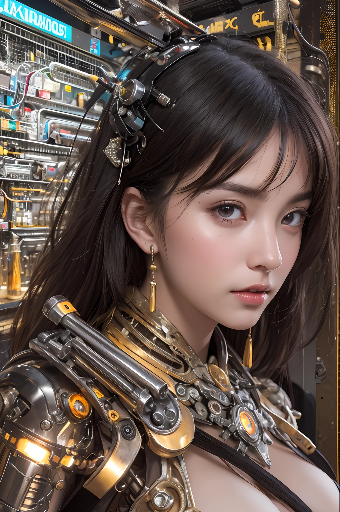 Top Quality, Masterpiece, Ultra High Resolution, (Photorealistic: 1.4), Raw Photo, 1 Girl, Black Hair, Glossy Skin, 1 Mechanical Girl, (Ultra Realistic Details)), Portrait, Global Illumination, Shadows, Octane Rendering, 8K, Ultra Sharp, Glossy Skin, Realistic Skin, Big, Cleavage Exposed Raw Skin, Metal, Intricate Ornaments Details, steampunk details, very intricate details, realistic light, CGSoation trends, purple eyes, glowing eyes, facing the camera, neon details, mechanical limbs, blood vessels connected to tubes, mechanical vertebrae attached to the back, mechanical cervical attachment to the neck, sitting, wires and cables connecting to the head, analog meters, pressure gauges, vacuum tubes, gears, Small LED lamp, background is a futuristic server room,