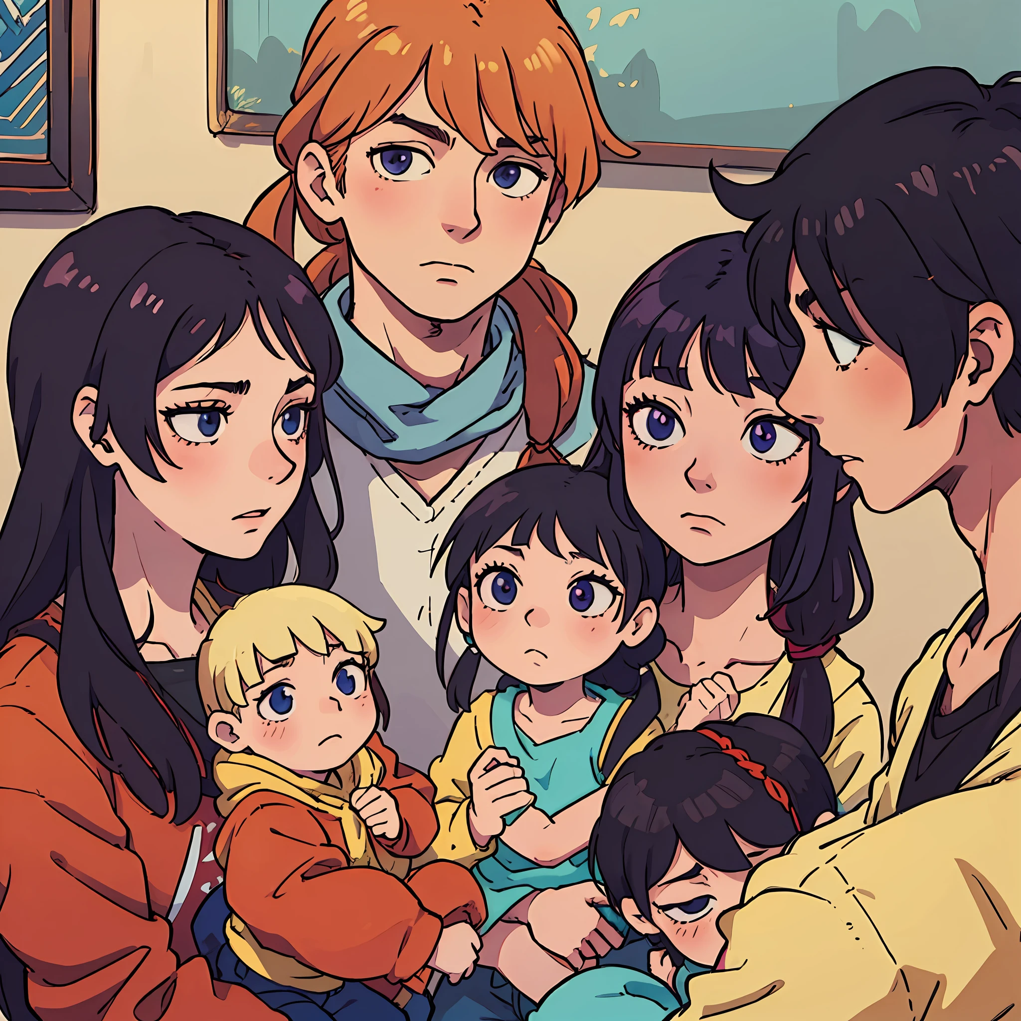 (man with long hair tied) in a (family photo) (anime style) --auto