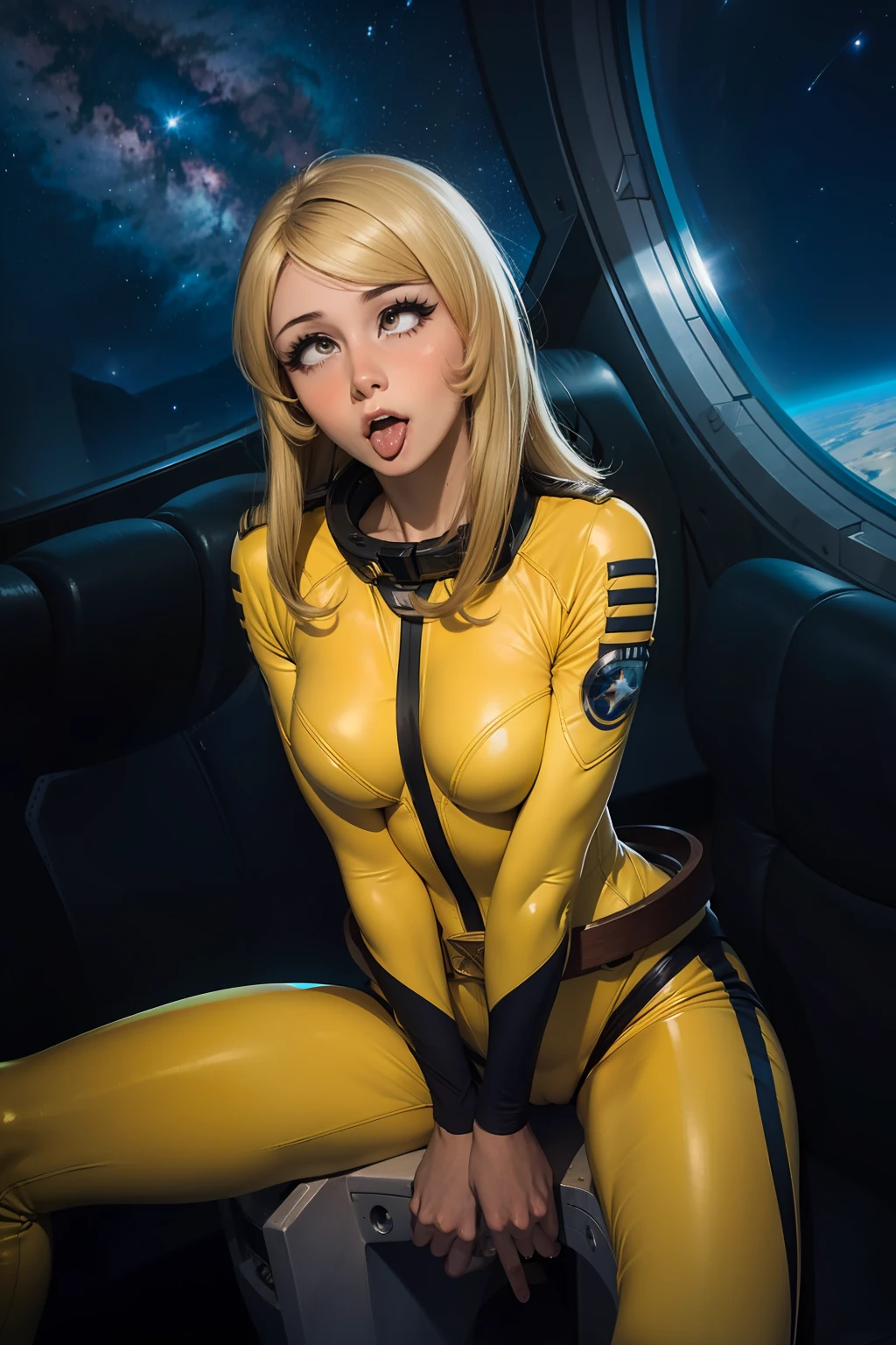 (masterpiece, best quality:1.2), (cowboy shot:0.8), solo, 1girl, mori yuki, slight smile, closed mouth, (ahegao:1.5) looking at viewer, blonde hair, thigh gap, leaning forward, yellow bodysuit, skin tight, belt, large window, (starship porthole:1.3), from front, (spread legs:1.3), (standing:1.1), starship interior, (outer space view:1.1), (orbital view:1.3), (night, stary sky:1.5), milky way