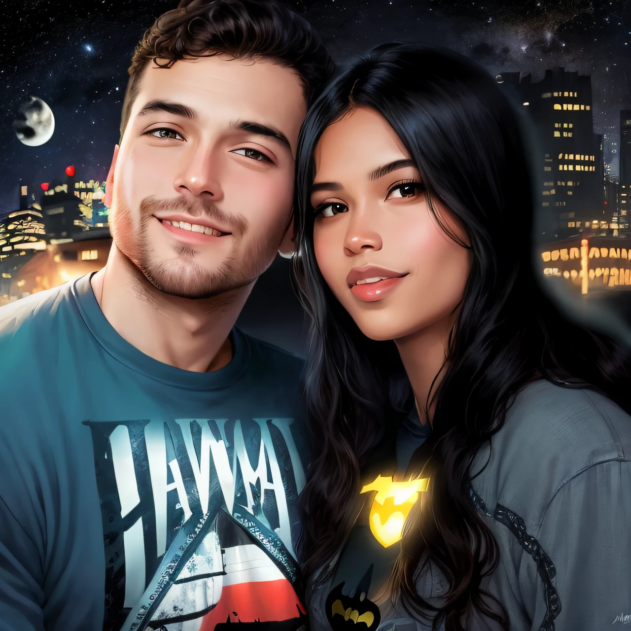 Beardless man and black woman in Batman plowed shirt posing for an evening photo, both about 25 years old, profile picture, anime art style, a moon behind, ultra resolution