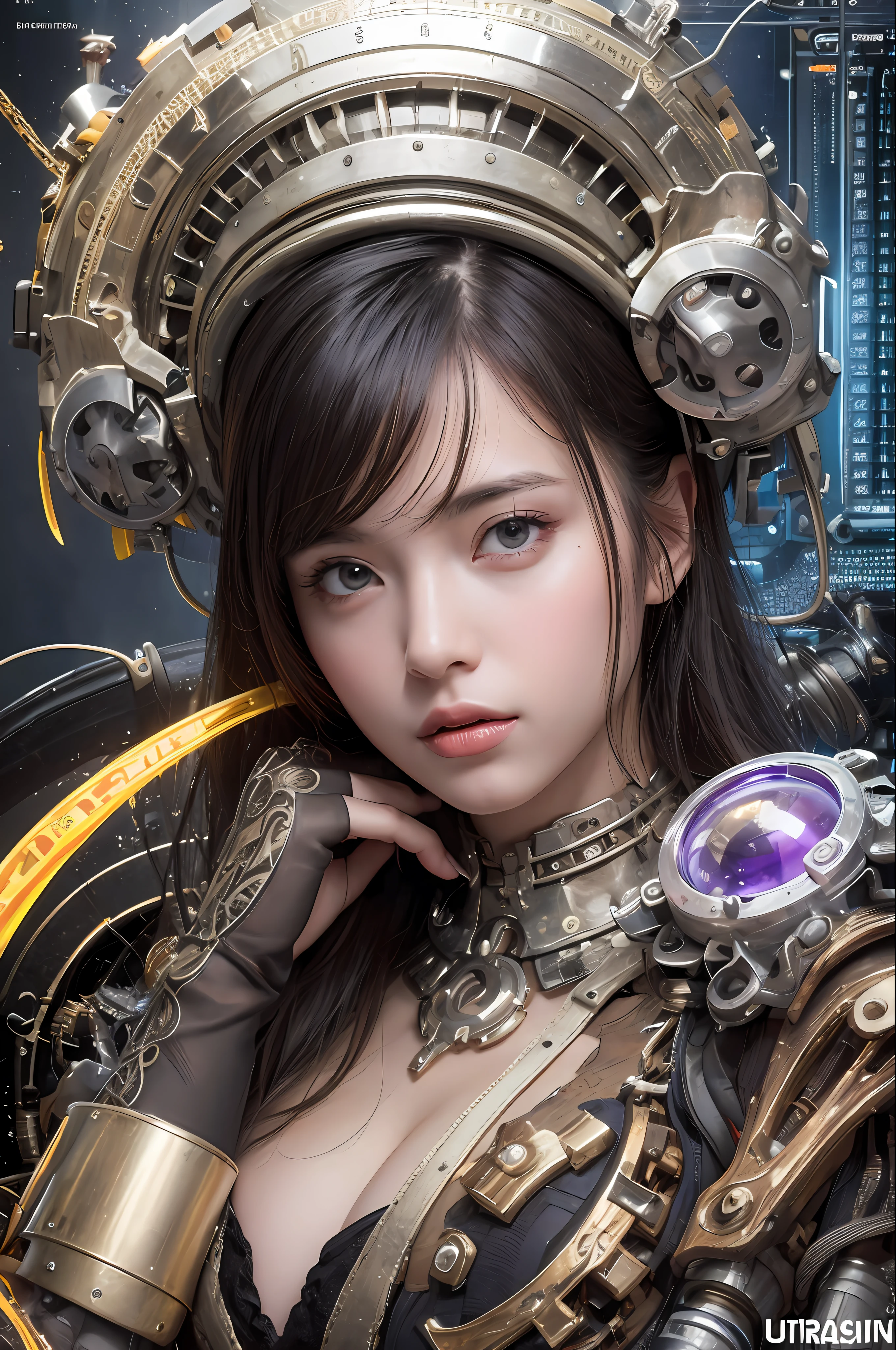 Top Quality, Masterpiece, Ultra High Resolution, (Photorealistic: 1.4), Raw Photo, 1 Girl, Black Hair, Glossy Skin, 1 Mechanical Girl, (Ultra Realistic Details)), Portrait, Global Illumination, Shadows, Octane Rendering, 8K, Ultra Sharp, Glossy Skin, Realistic Skin, Big, Cleavage Exposed Raw Skin, Metal, Intricate Ornaments Details, steampunk details, very intricate details, realistic light, CGSoation trends, purple eyes, glowing eyes, facing the camera, neon details, mechanical limbs, blood vessels connected to tubes, mechanical vertebrae attached to the back, mechanical cervical attachment to the neck, sitting, wires and cables connecting to the head, analog meters, pressure gauges, vacuum tubes, gears, Small LED lamp, background is a futuristic server room,