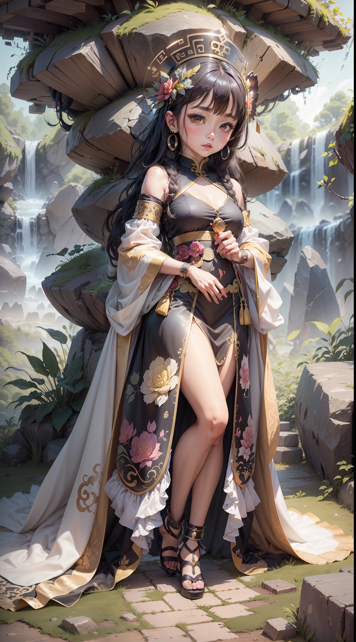 Ethnic style girl, wearing silver crown on head, silver oval earrings on earloops, full body portrait, body ratio (1:3), background is stone forest, Chinese stone forest, Kunming stone forest, full body portrait, national costume, Chinese style illustration, heads-up view, super detail, 4K quality, cartoon style Waiting to start