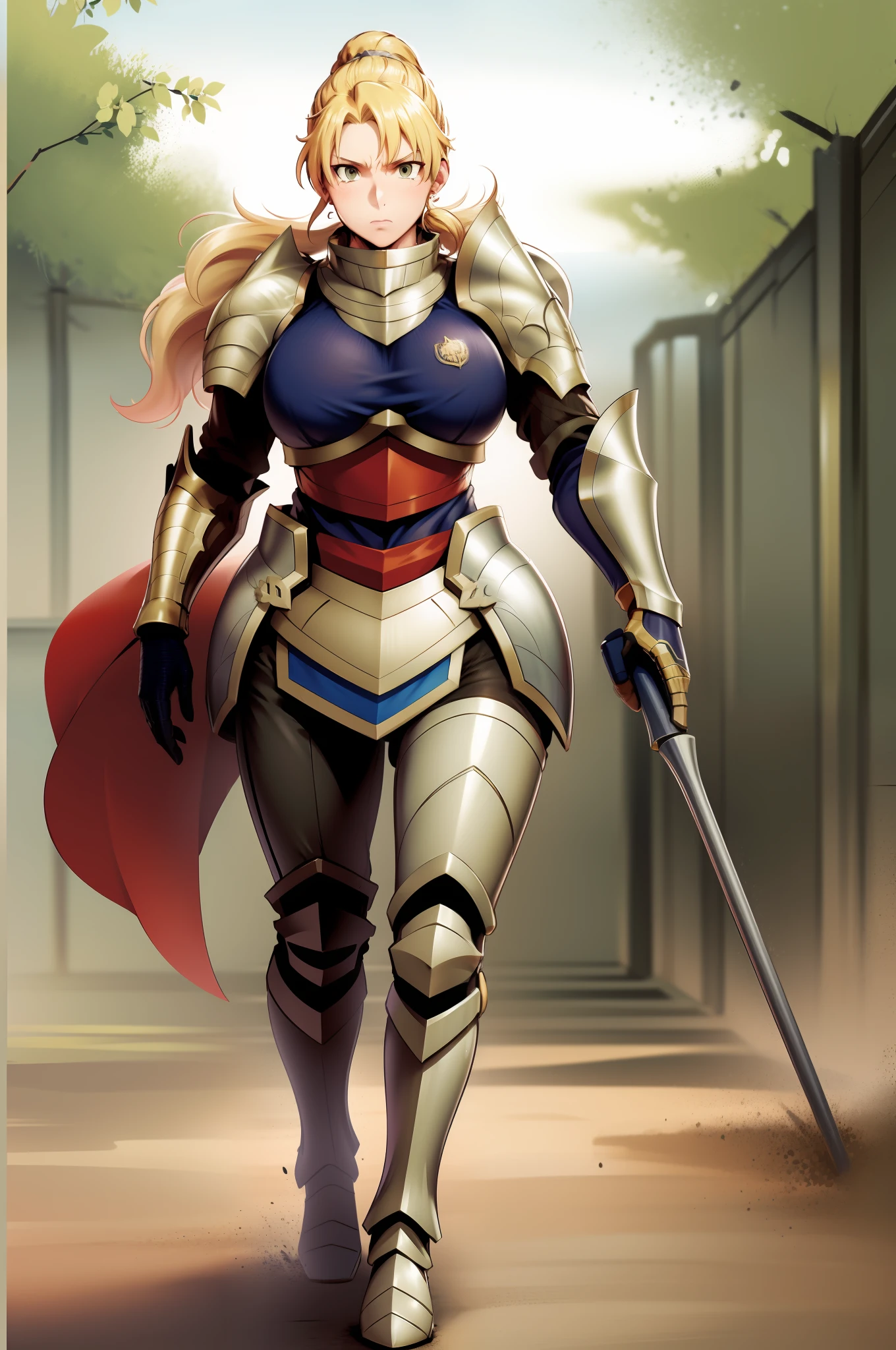 full armor, knight, vest, walking, full body,blond hair, pony tail,, huge breast, tall