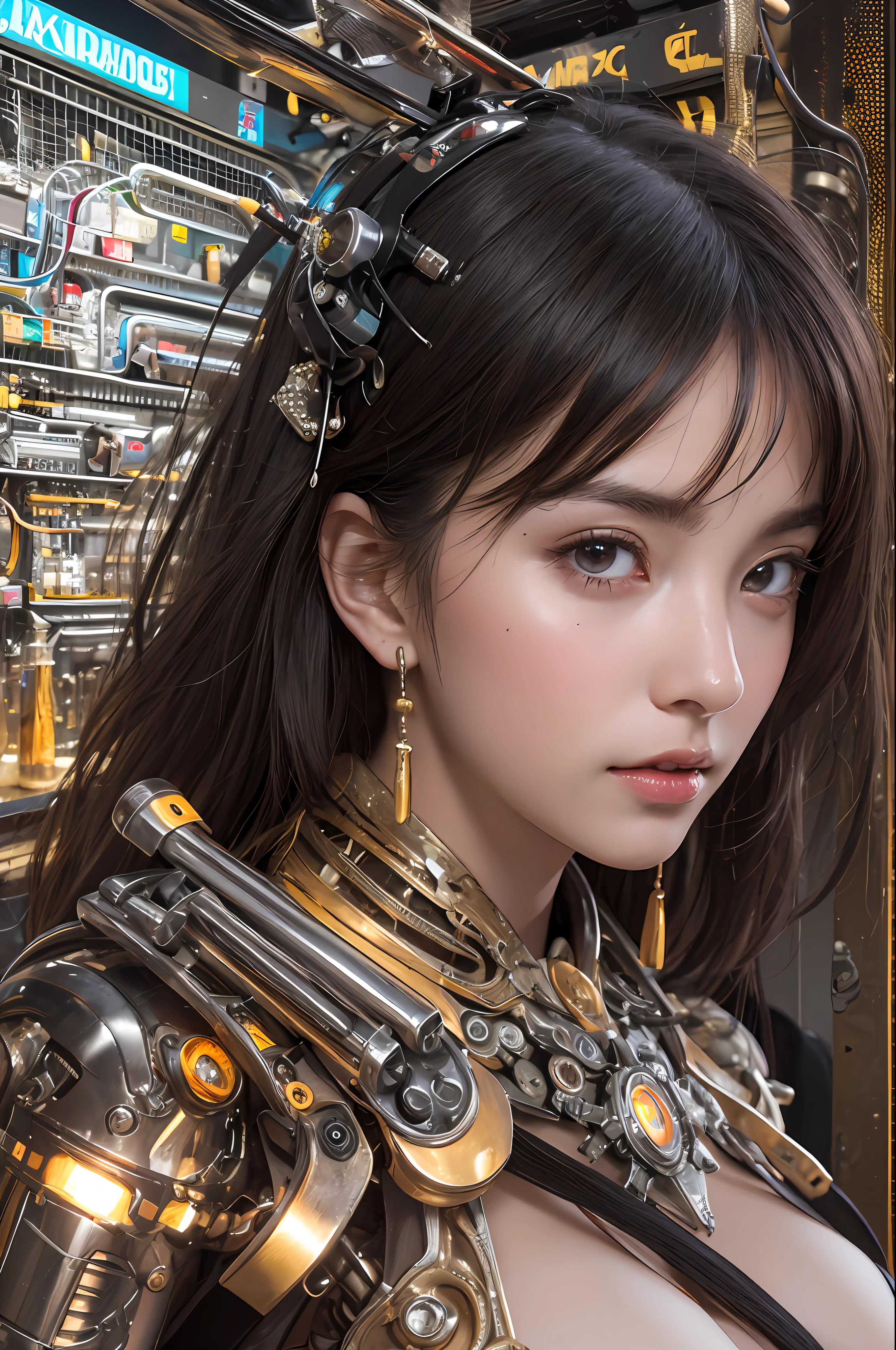 Top Quality, Masterpiece, Ultra High Resolution, (Photorealistic: 1.4), Raw Photo, 1 Girl, Black Hair, Glossy Skin, 1 Mechanical Girl, (Ultra Realistic Details)), Portrait, Global Illumination, Shadows, Octane Rendering, 8K, Ultra Sharp, Glossy Skin, Realistic Skin, Big, Cleavage Exposed Raw Skin, Metal, Intricate Ornaments Details, steampunk details, very intricate details, realistic light, CGSoation trends, purple eyes, glowing eyes, facing the camera, neon details, mechanical limbs, blood vessels connected to tubes, mechanical vertebrae attached to the back, mechanical cervical attachment to the neck, sitting, wires and cables connecting to the head, analog meters, pressure gauges, vacuum tubes, gears, Small LED lamp, background is a futuristic server room,