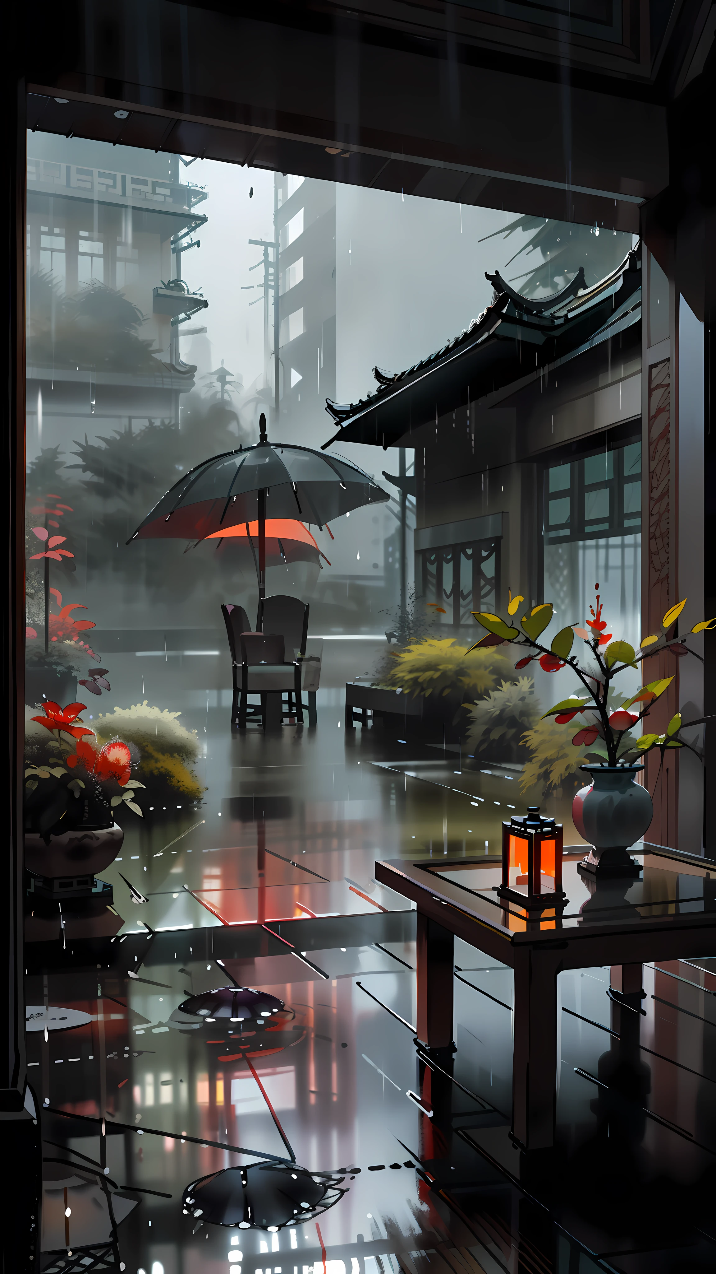 there is a table with a candle on it in a courtyard, rainy day outside, rainy outside, rainy afternoon, raining outside, inside on a rainy day, rainy scene, rainy and gloomy atmosphere, in a rainy environment, rainy mood, by Li Zai, rainy environment, rainy day, rainy weather, by Fei Danxu, raining outside the window, by Ren Xiong